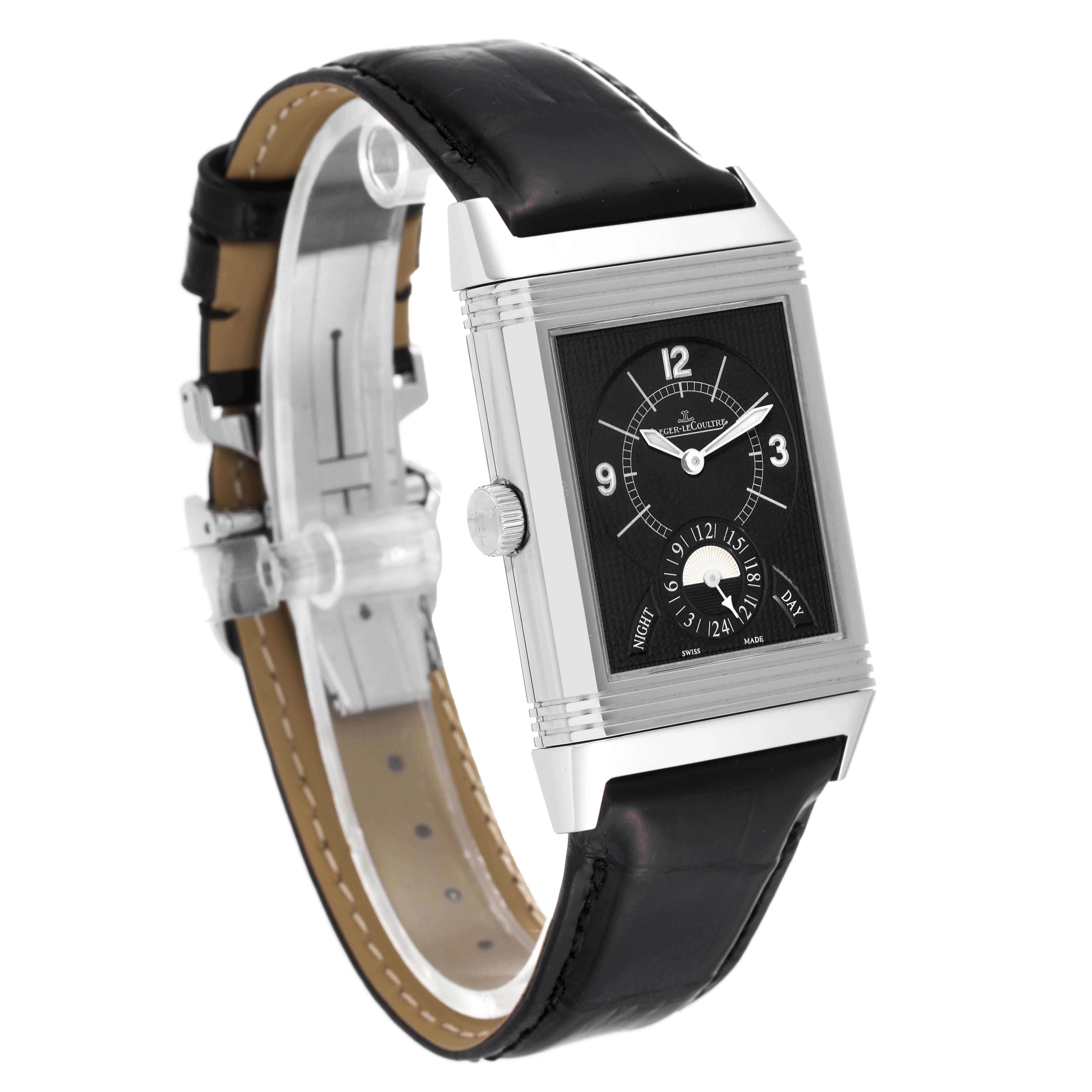 The image shows the Jaeger LeCoultre Reverso Q3748421 Men
s Stainless Steel Silver Dial Q3748421 Men
s Stainless Steel Silver Dial watch at a 3/4 angle, highlighting its rectangular face, black strap, and side crown.