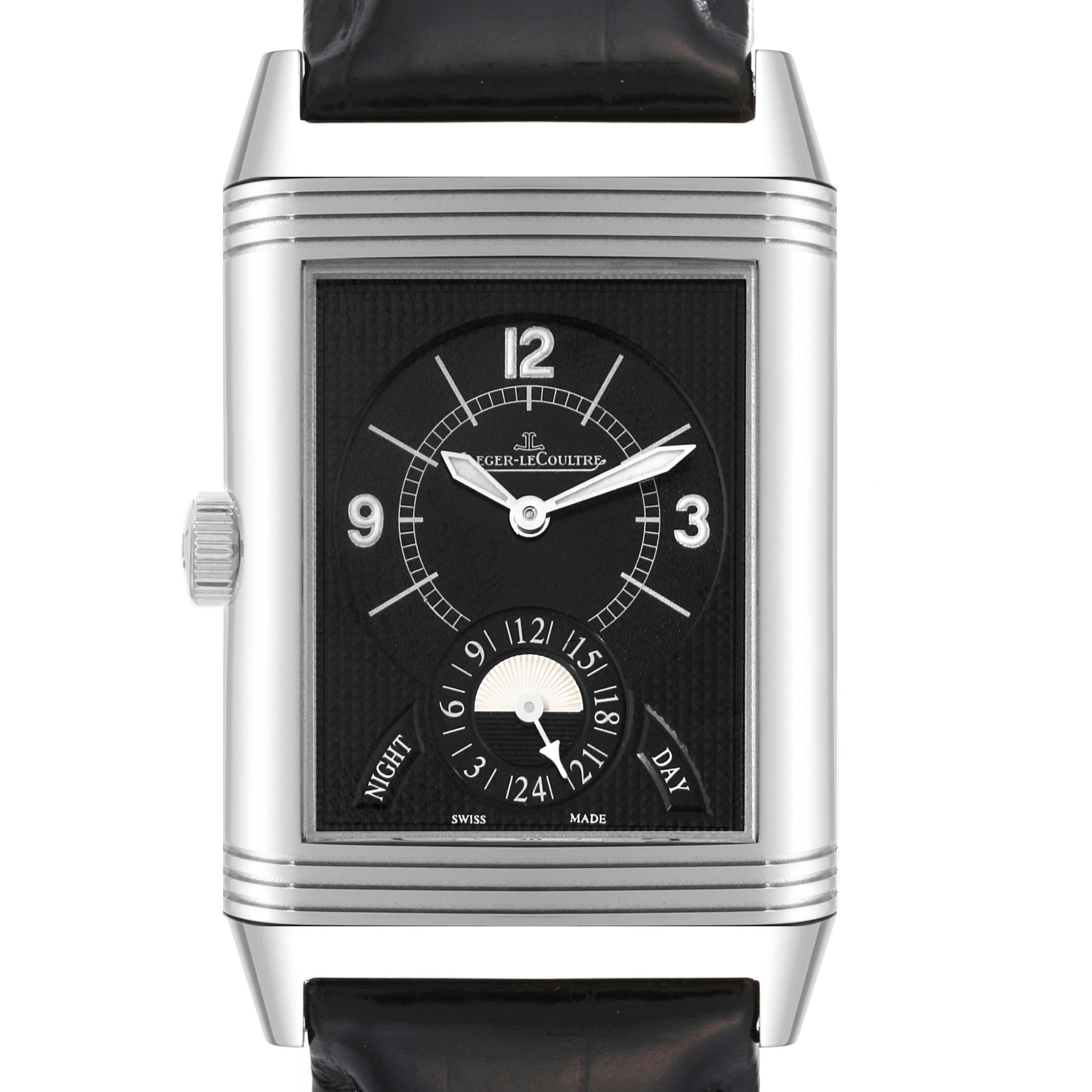 This Jaeger LeCoultre Reverso Q3748421 Men
s Stainless Steel Silver Dial Q3748421 Men
s Stainless Steel Silver Dial watch is shown from the front, featuring its rectangular dial, silver hands, and day-night indicator.