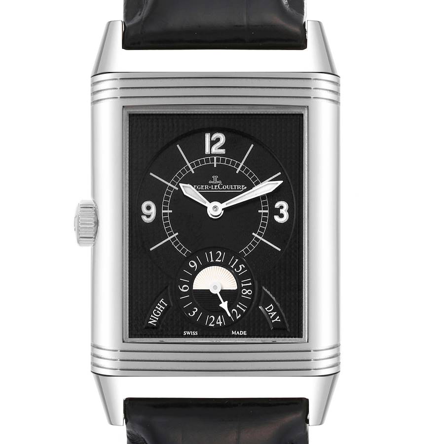 This Jaeger LeCoultre Reverso watch is shown from the front, featuring its rectangular dial, silver hands, and day-night indicator.