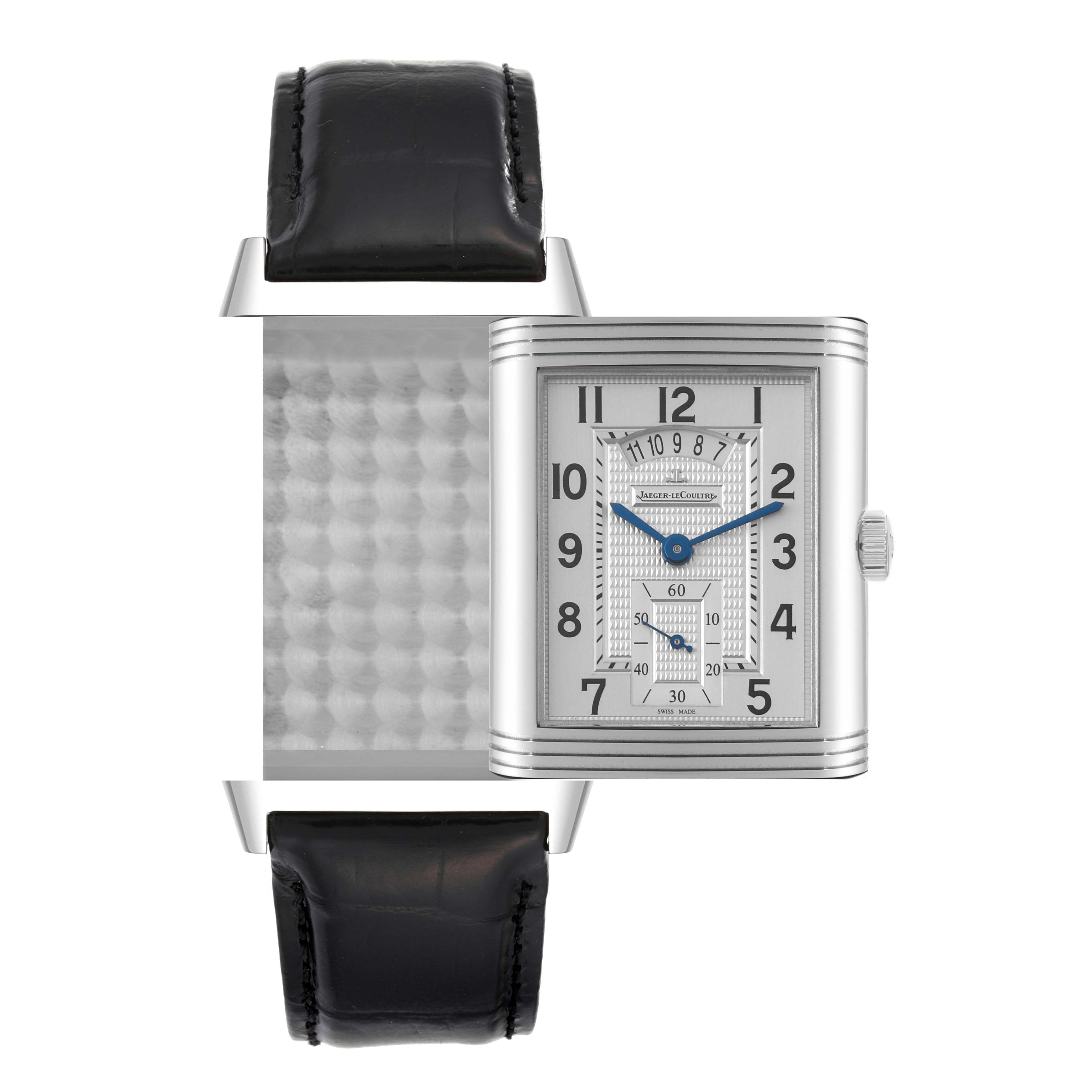 The image shows the front and side view of a Jaeger LeCoultre Reverso Q3748421 Men
s Stainless Steel Silver Dial Q3748421 Men
s Stainless Steel Silver Dial watch, including its black leather strap and rectangular face.