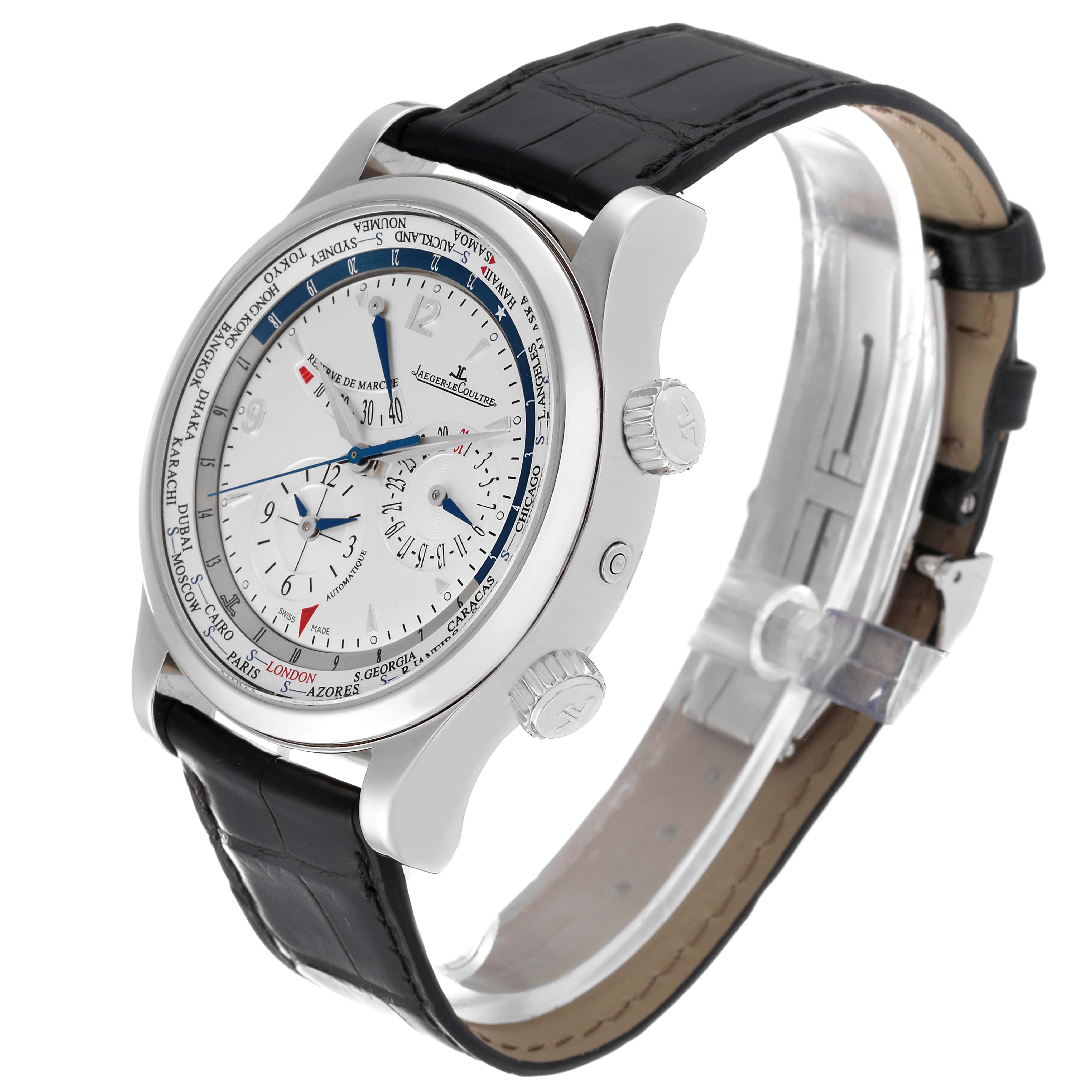 This Jaeger LeCoultre Master Q1528420 Men's Stainless Steel Silver Dial Q1528420 Men's Stainless Steel Silver Dial model watch is shown at a three-quarter angle, highlighting the dial and black leather strap.