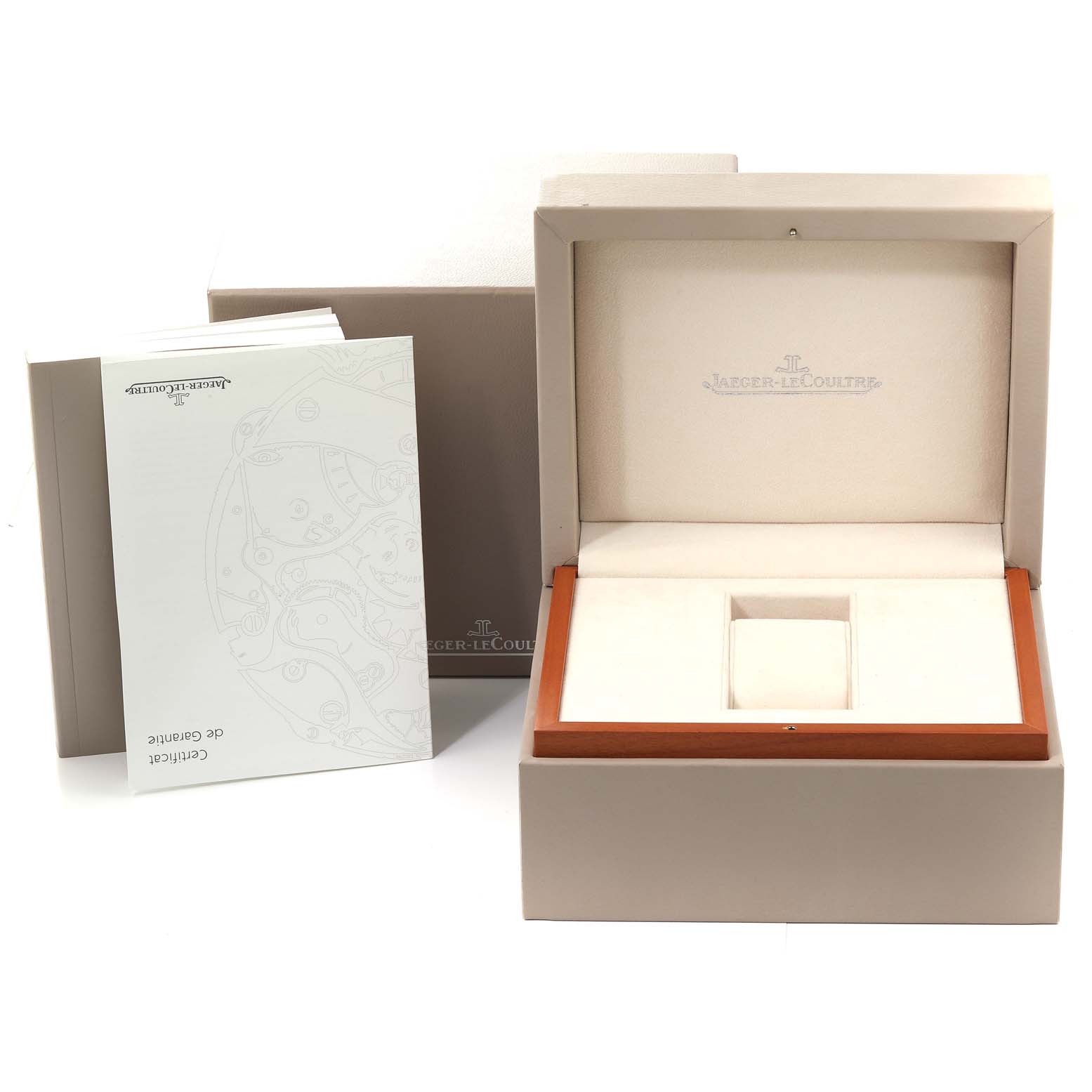 The image shows the Jaeger-LeCoultre Master model watch box, open, along with the outer box and the certification booklet.
