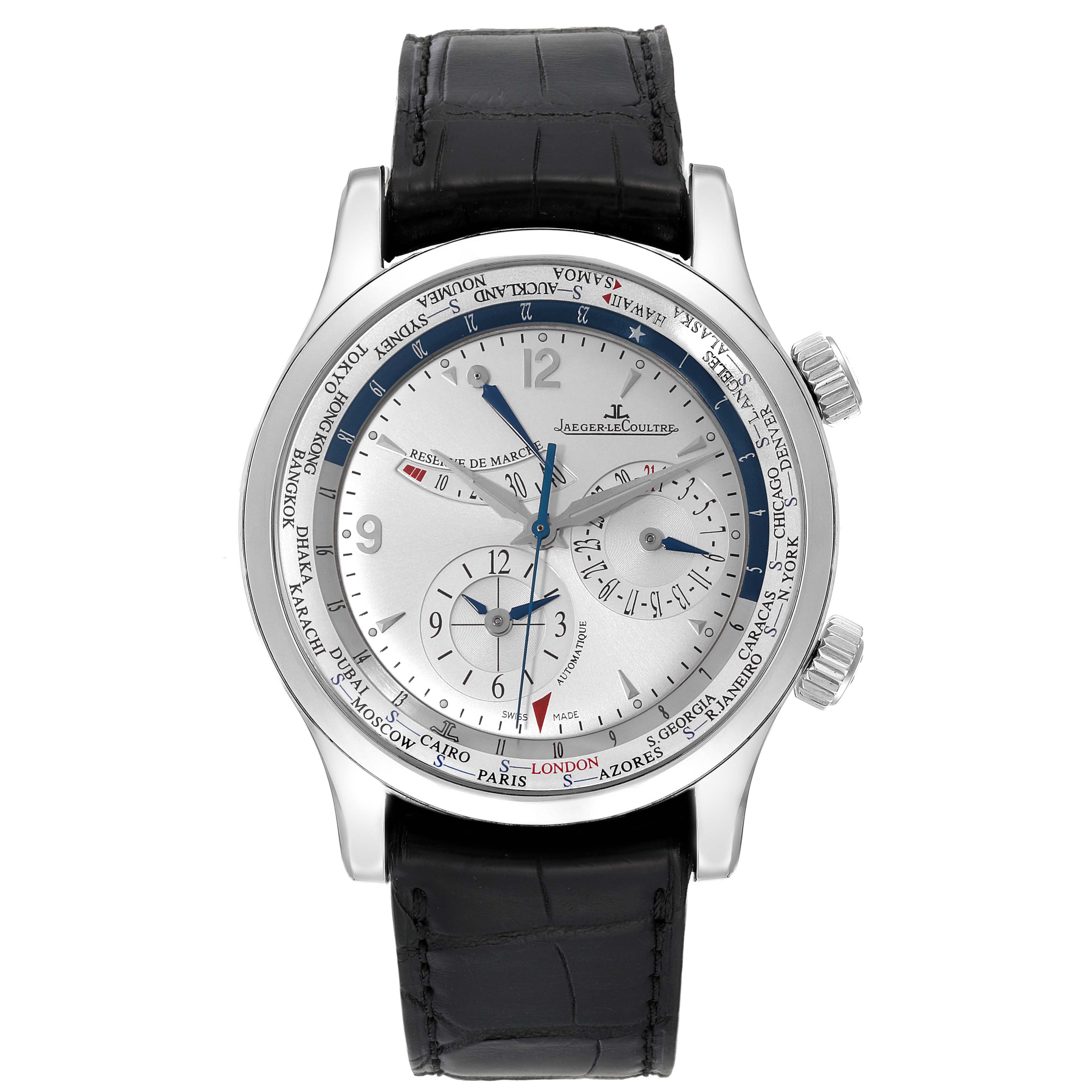 The image shows a frontal view of the Jaeger LeCoultre Master Q1528420 Men's Stainless Steel Silver Dial Q1528420 Men's Stainless Steel Silver Dial watch, displaying its dial, sub-dials, and leather strap.