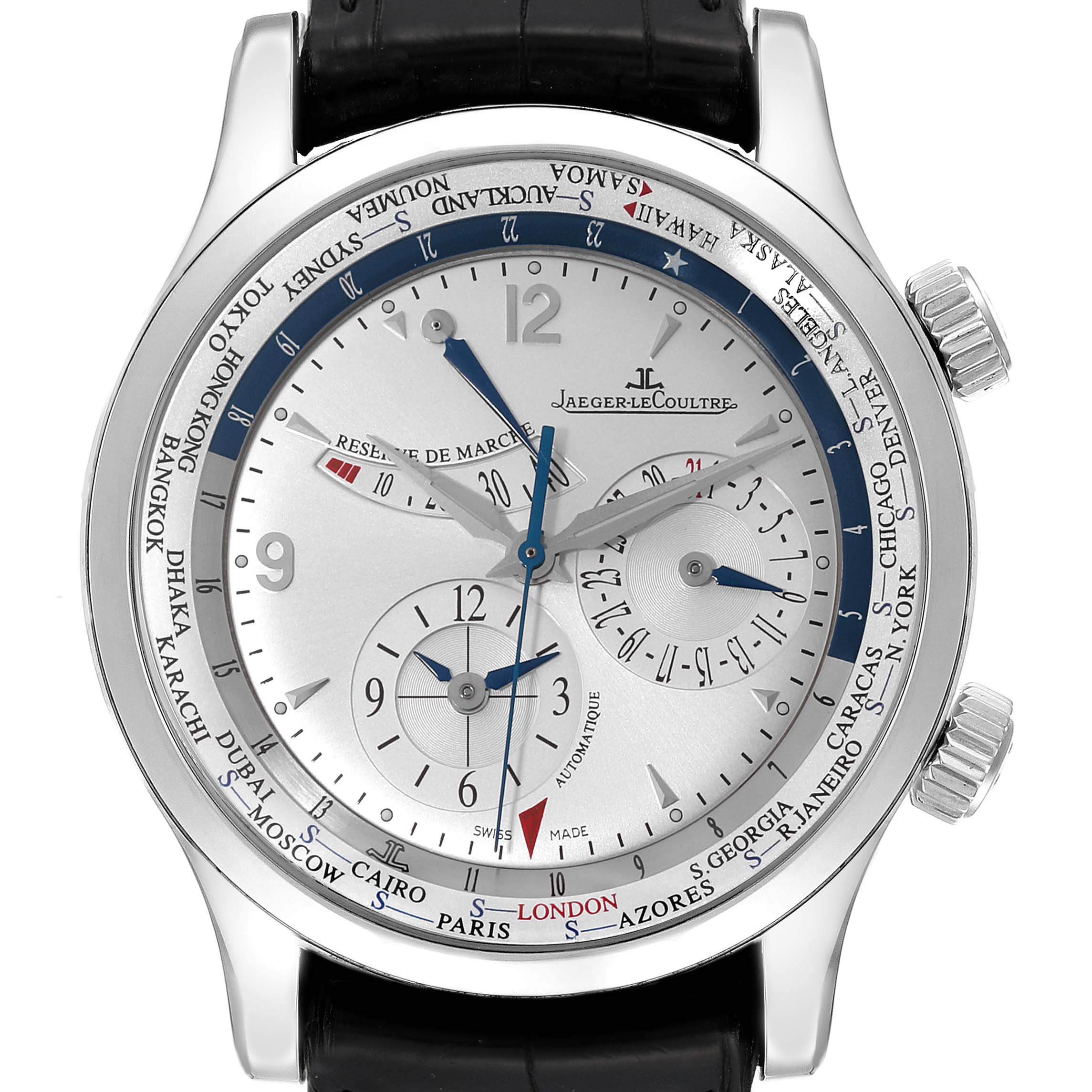 The image shows a front view of the Jaeger LeCoultre Master Q1528420 Men's Stainless Steel Silver Dial Q1528420 Men's Stainless Steel Silver Dial watch, featuring world time, date, and power reserve indicators.