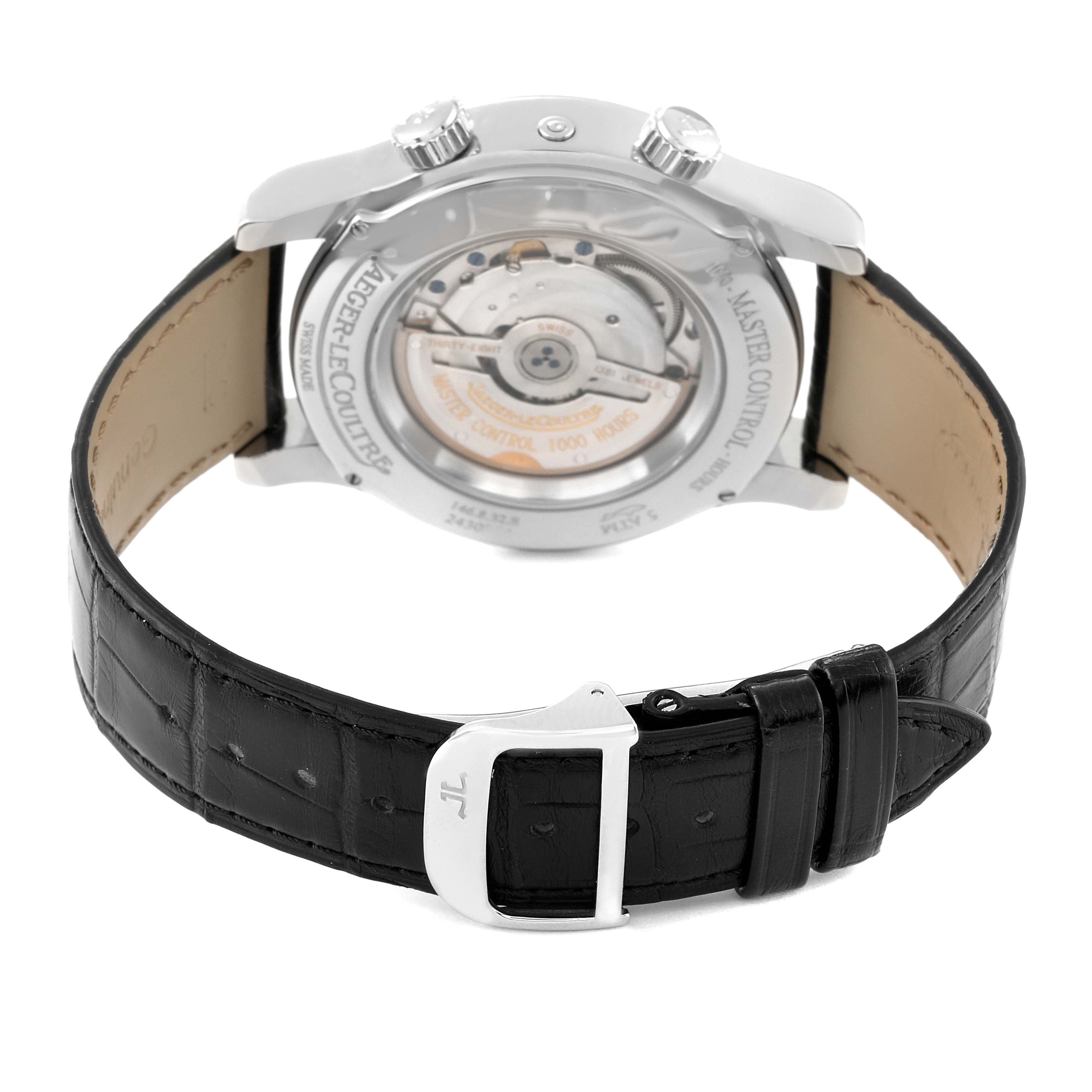 The image shows the back view of the Jaeger-LeCoultre Master model watch, highlighting its transparent case back and leather strap.