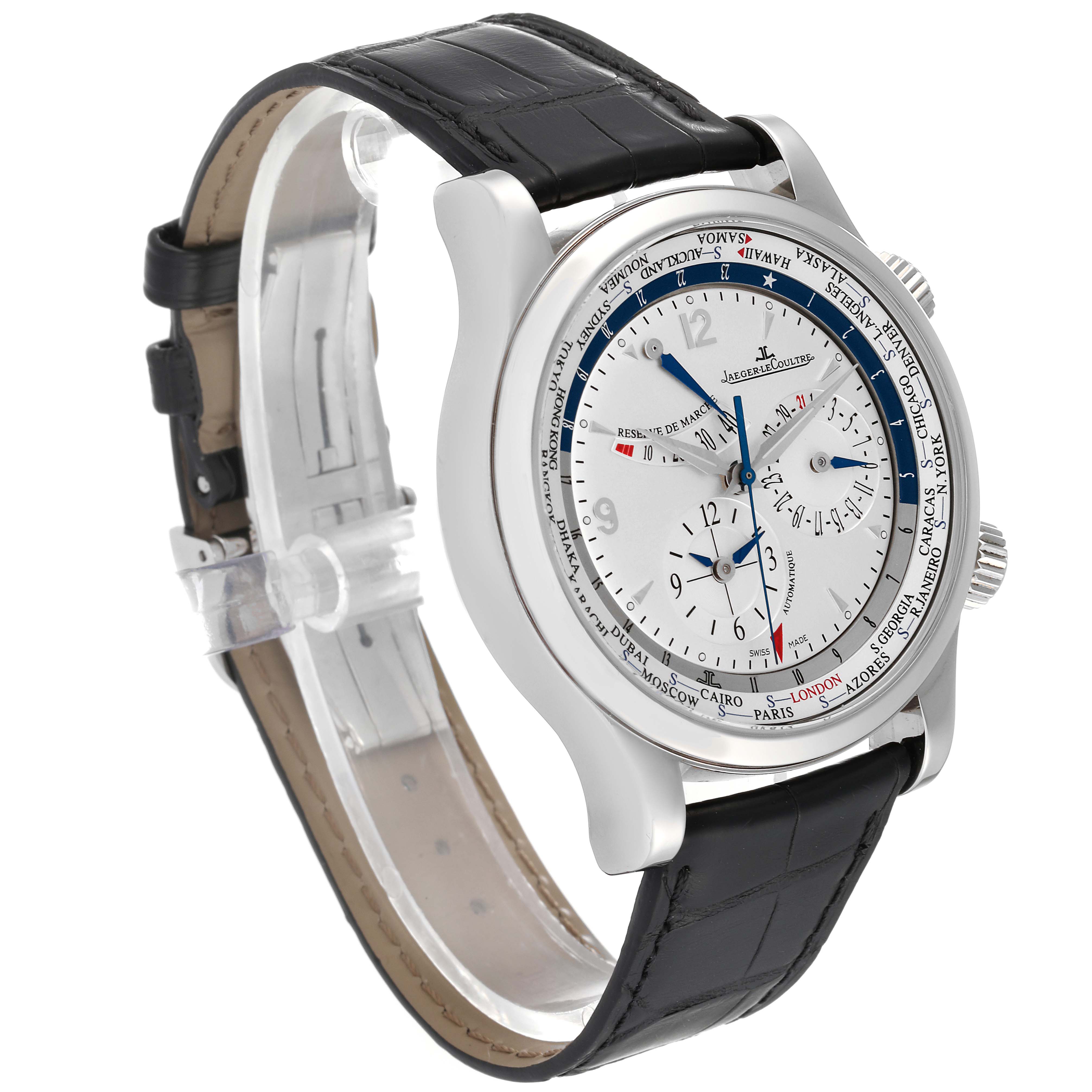 This image shows a side angle of the Jaeger LeCoultre Master Q1528420 Men's Stainless Steel Silver Dial Q1528420 Men's Stainless Steel Silver Dial model watch, featuring its dial, case, and leather strap.