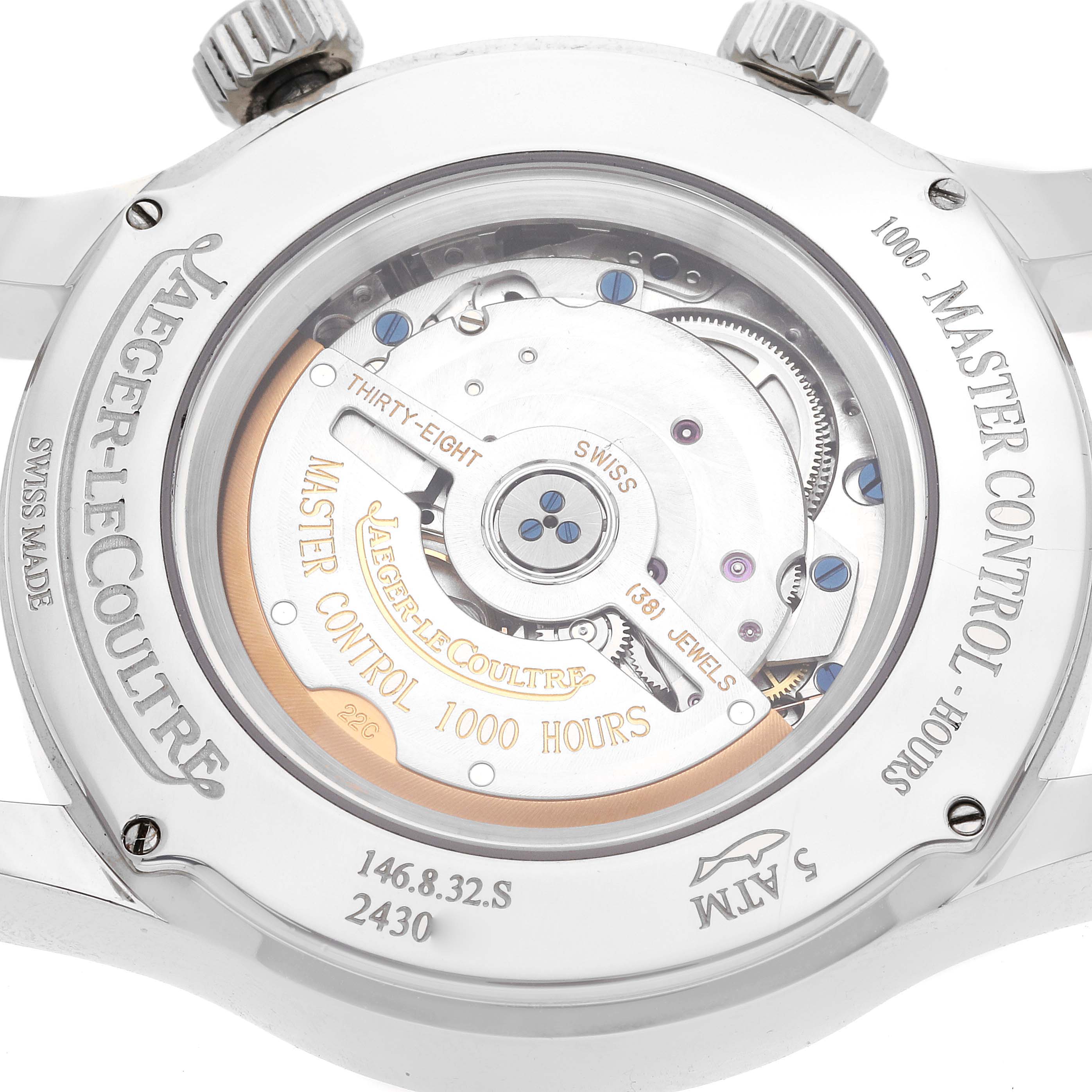 This is the back view of a Jaeger LeCoultre Master Q1528420 Men's Stainless Steel Silver Dial Q1528420 Men's Stainless Steel Silver Dial model watch showing the movement and engravings.