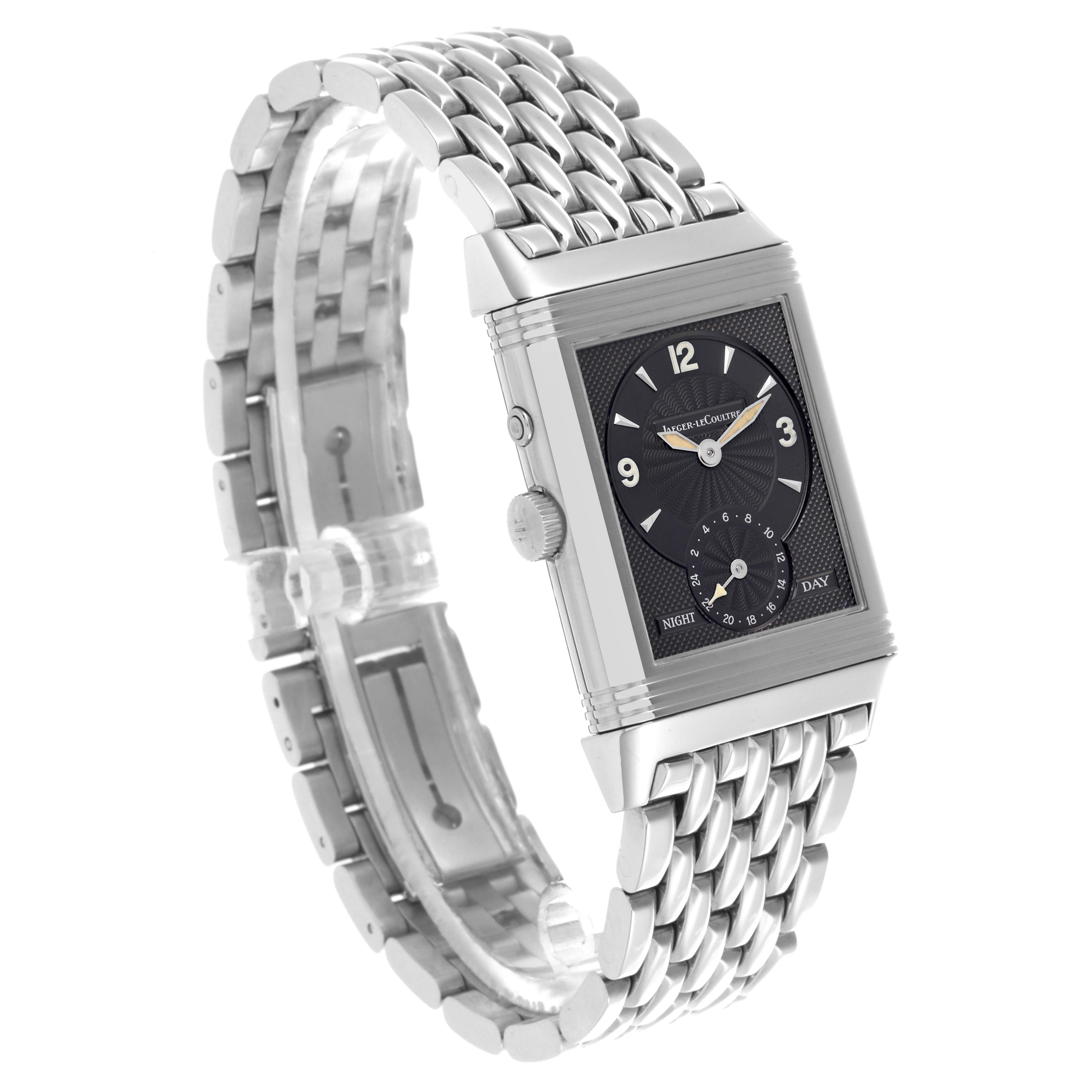 The Jaeger-LeCoultre Reverso model is shown at a slight angle, highlighting the face, crown, and bracelet.