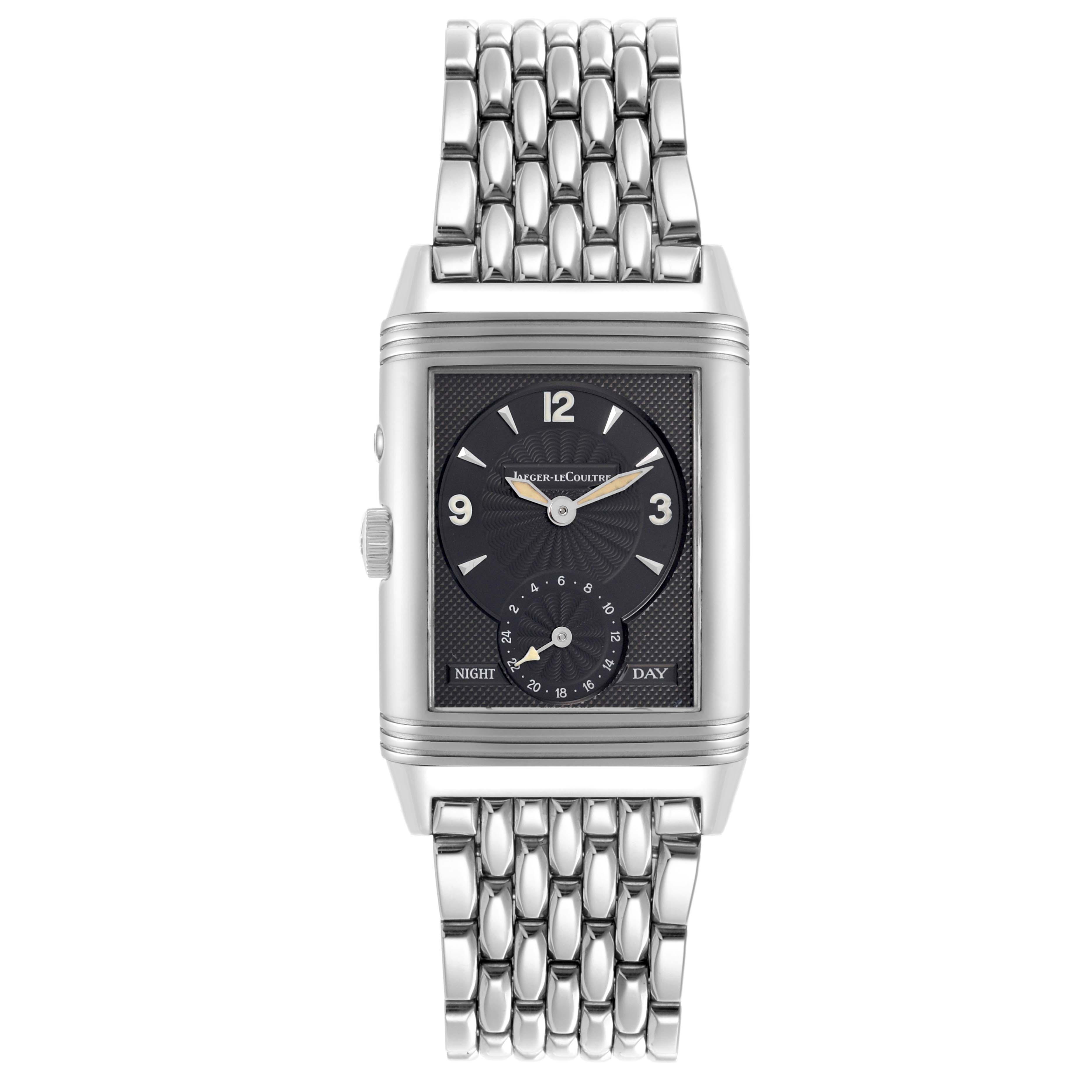 The Jaeger LeCoultre Reverso Q270854 Men's Stainless Steel Silver Dial Q270854 Men's Stainless Steel Silver Dial watch is shown from the front, displaying its face and metal bracelet.
