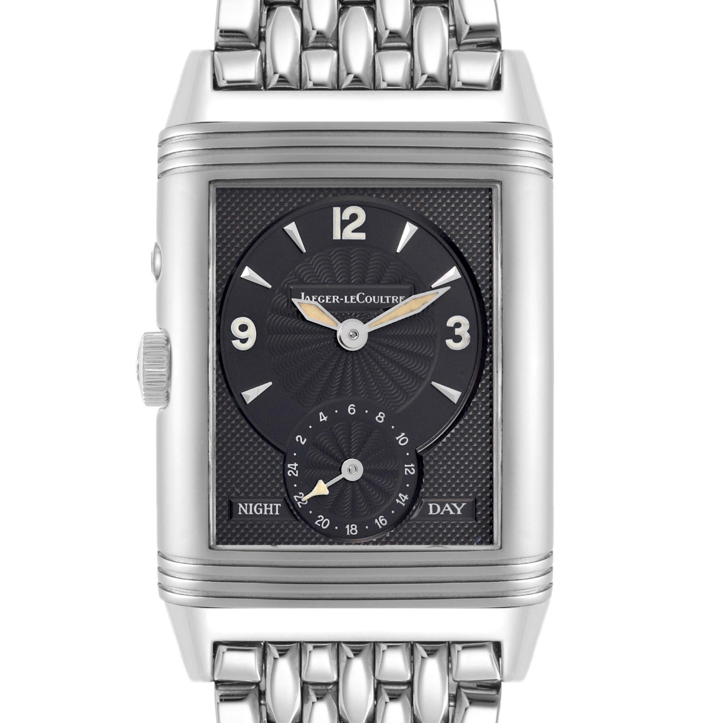 The Jaeger LeCoultre Reverso Q270854 Men's Stainless Steel Silver Dial Q270854 Men's Stainless Steel Silver Dial watch is shown from the front, displaying its face and bracelet.