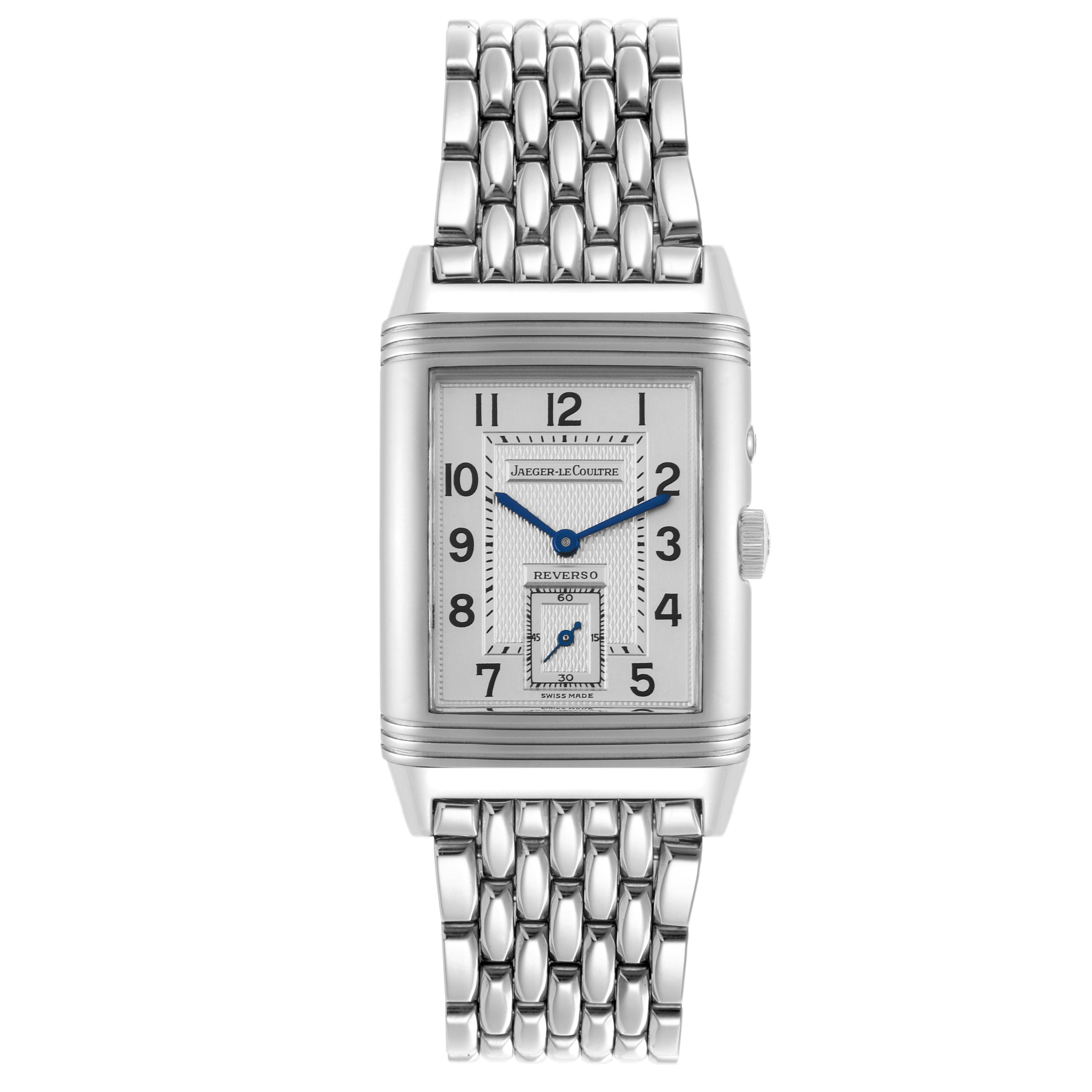 The Jaeger LeCoultre Reverso Q270854 Men's Stainless Steel Silver Dial Q270854 Men's Stainless Steel Silver Dial watch is shown from the front, displaying its rectangular face, dial, and metal bracelet.