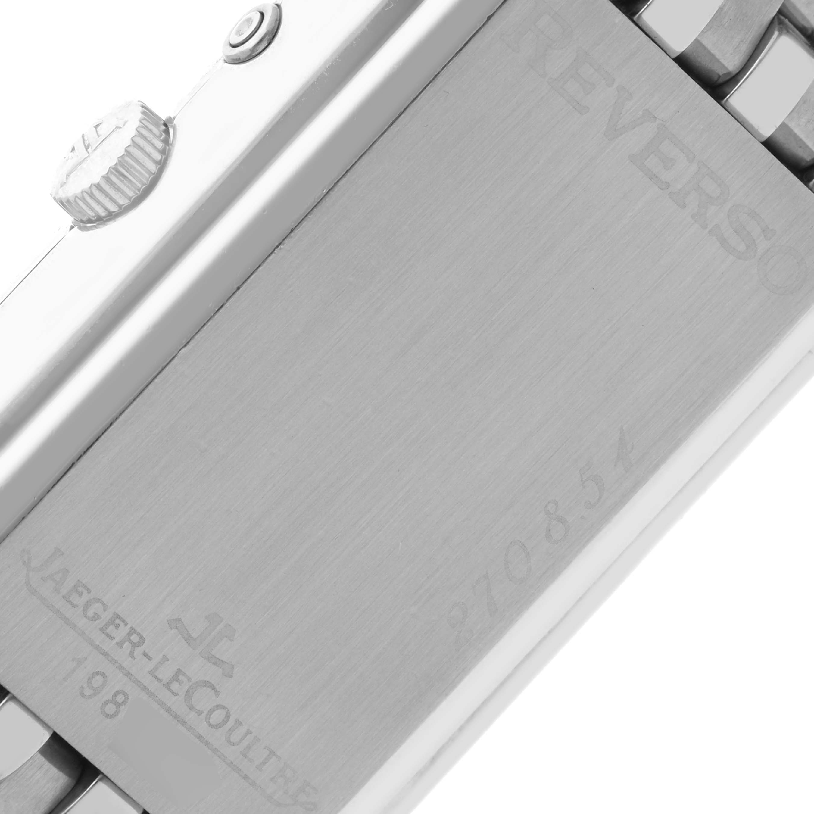 The image shows the side view of a Jaeger LeCoultre Reverso Q270854 Men's Stainless Steel Silver Dial Q270854 Men's Stainless Steel Silver Dial watch, highlighting its case back and crown.