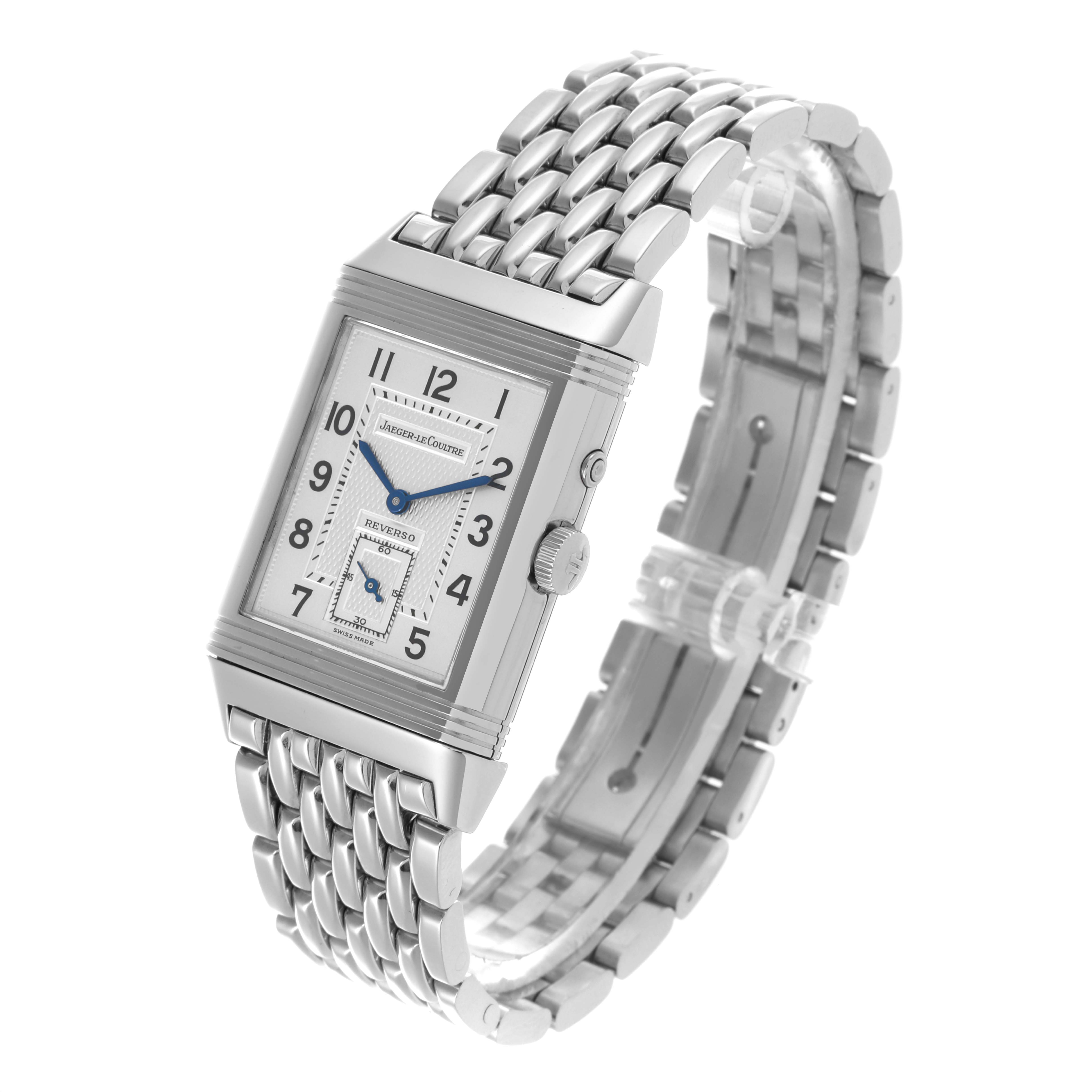 The Jaeger LeCoultre Reverso Q270854 Men's Stainless Steel Silver Dial Q270854 Men's Stainless Steel Silver Dial watch is shown at a slight angle, displaying the face, crown, and metal bracelet.