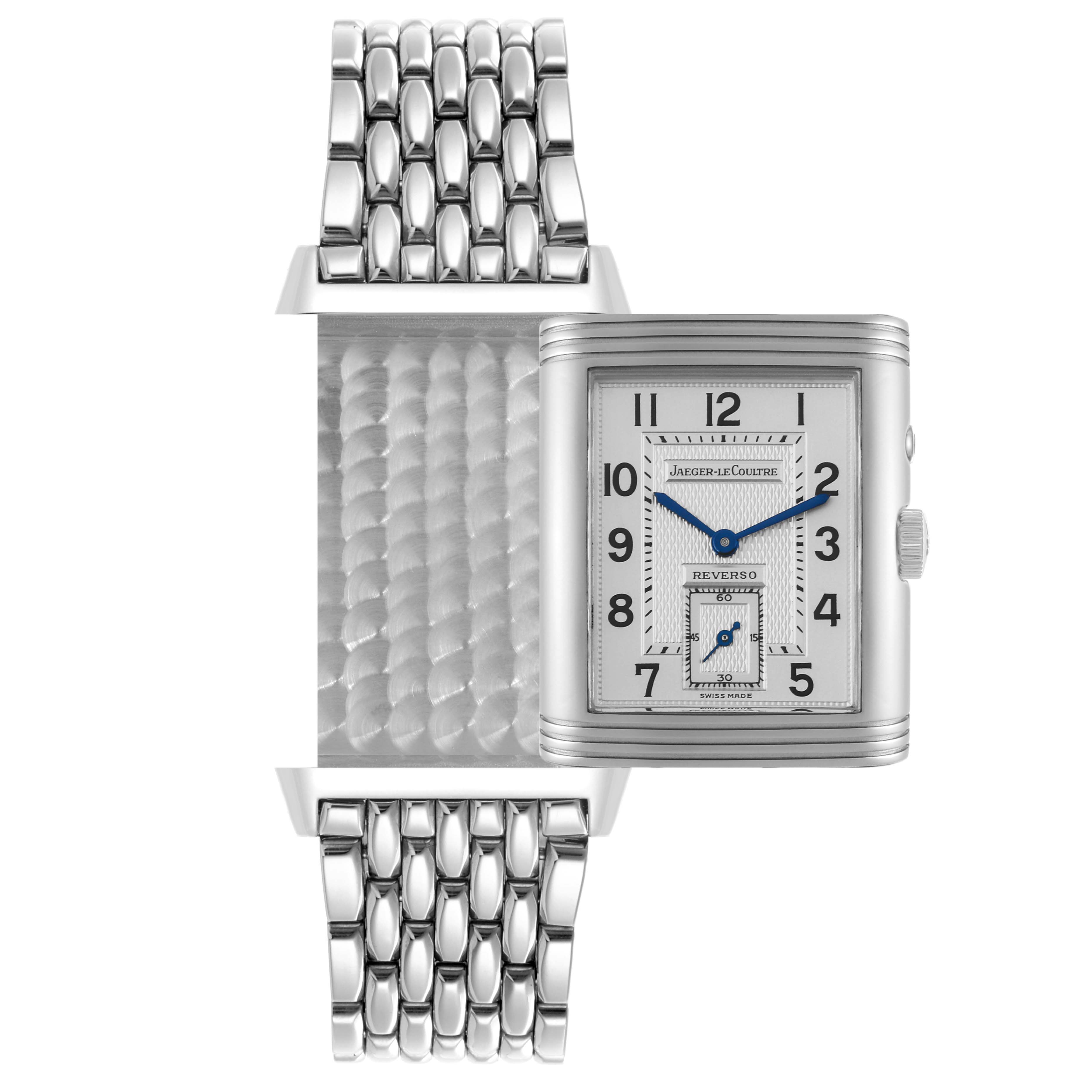 The Jaeger-LeCoultre Reverso watch is shown from the front with its case flipped to reveal the outer and inner sides.