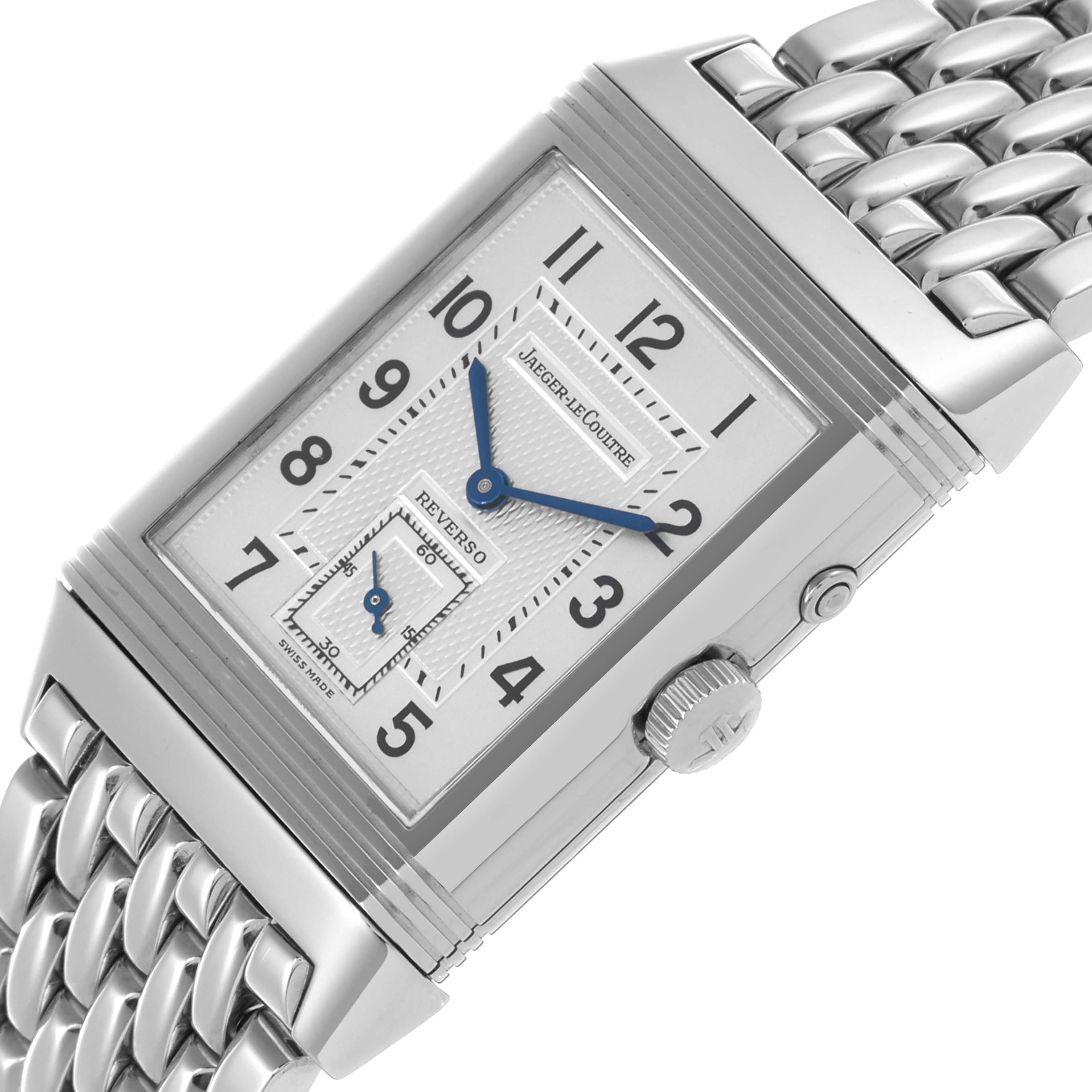 The Jaeger LeCoultre Reverso Q270854 Men's Stainless Steel Silver Dial Q270854 Men's Stainless Steel Silver Dial watch is shown at an angle highlighting its face, crown, and metal bracelet.