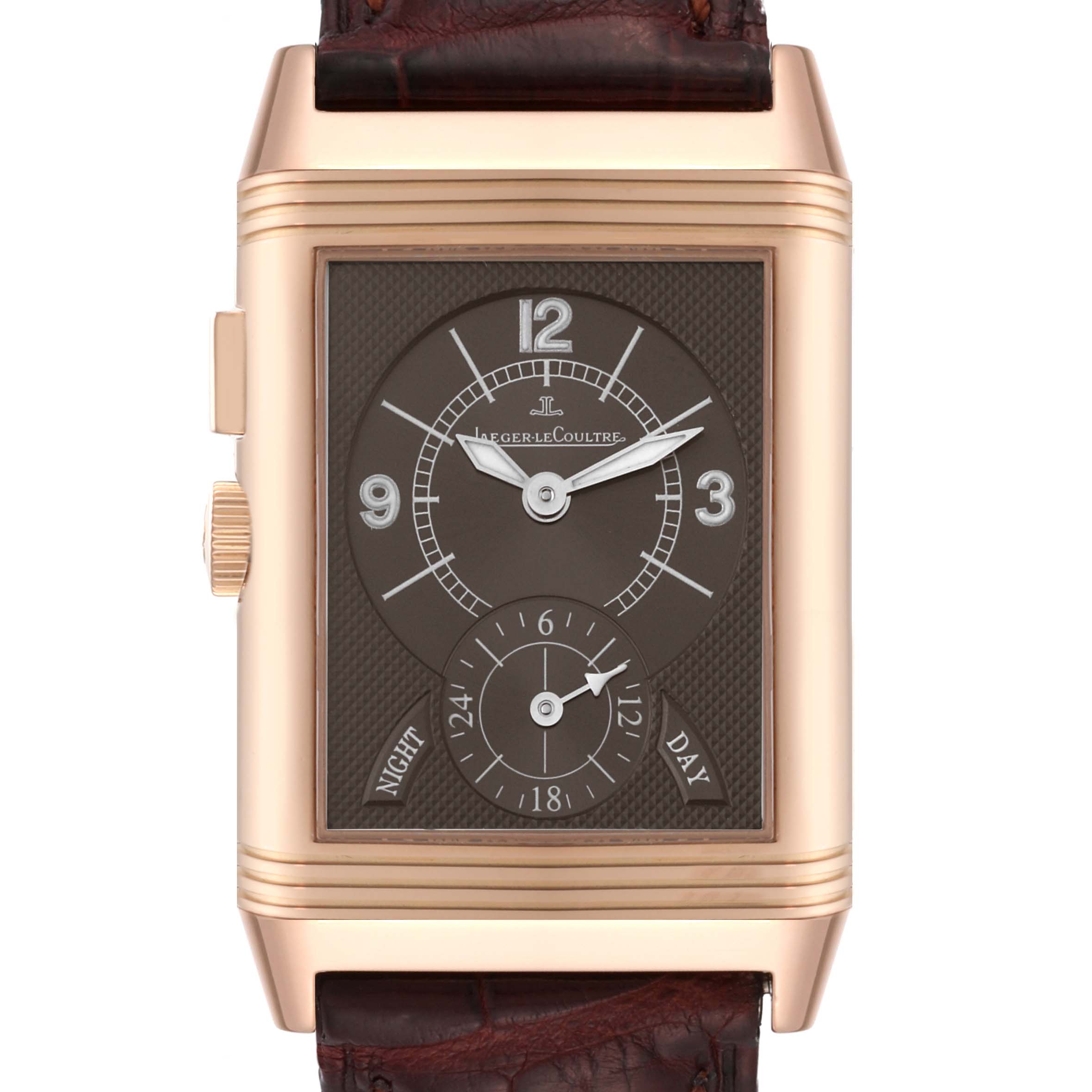 This is a front view of the Jaeger LeCoultre Reverso Q2712410 Men
s Rose Gold Silver Dial Q2712410 Men
s Rose Gold Silver Dial model watch, showing its rectangular dial with two sub-dials and a leather strap.