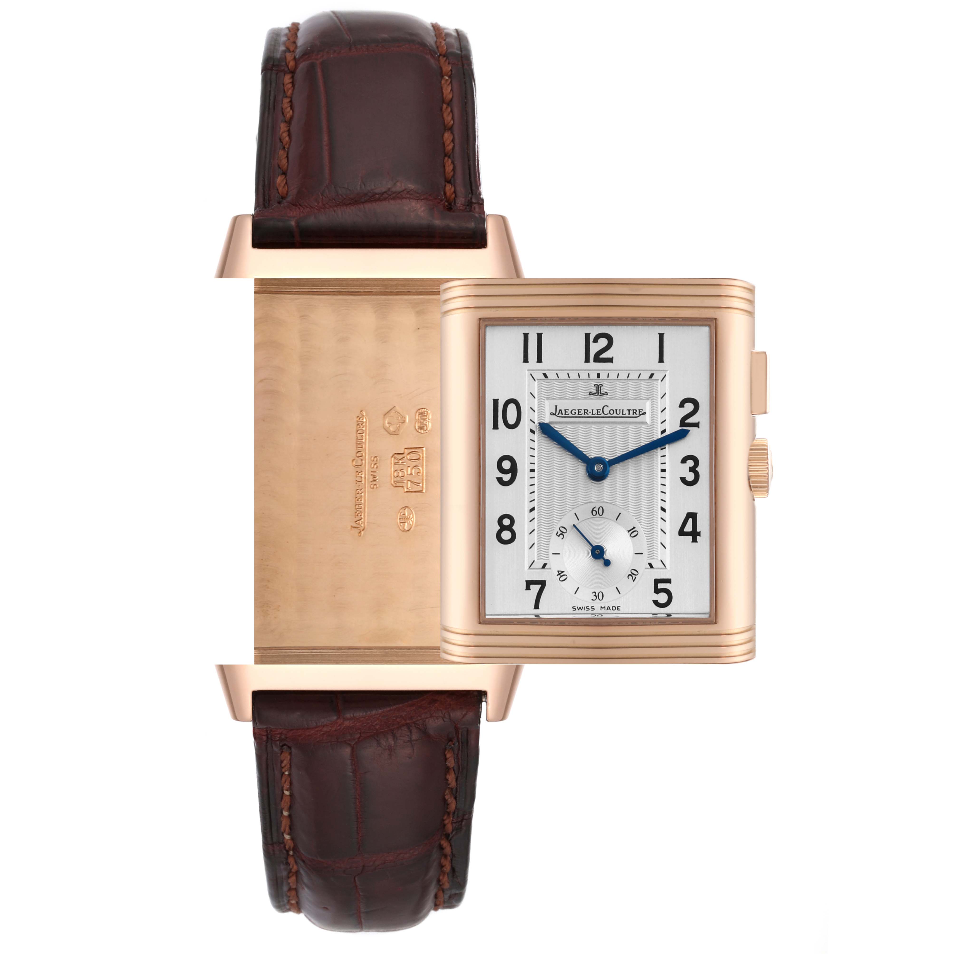 This image shows a front view of the Jaeger LeCoultre Reverso Q2712410 Men
s Rose Gold Silver Dial Q2712410 Men
s Rose Gold Silver Dial watch with its unique reversible case feature partially exposed.