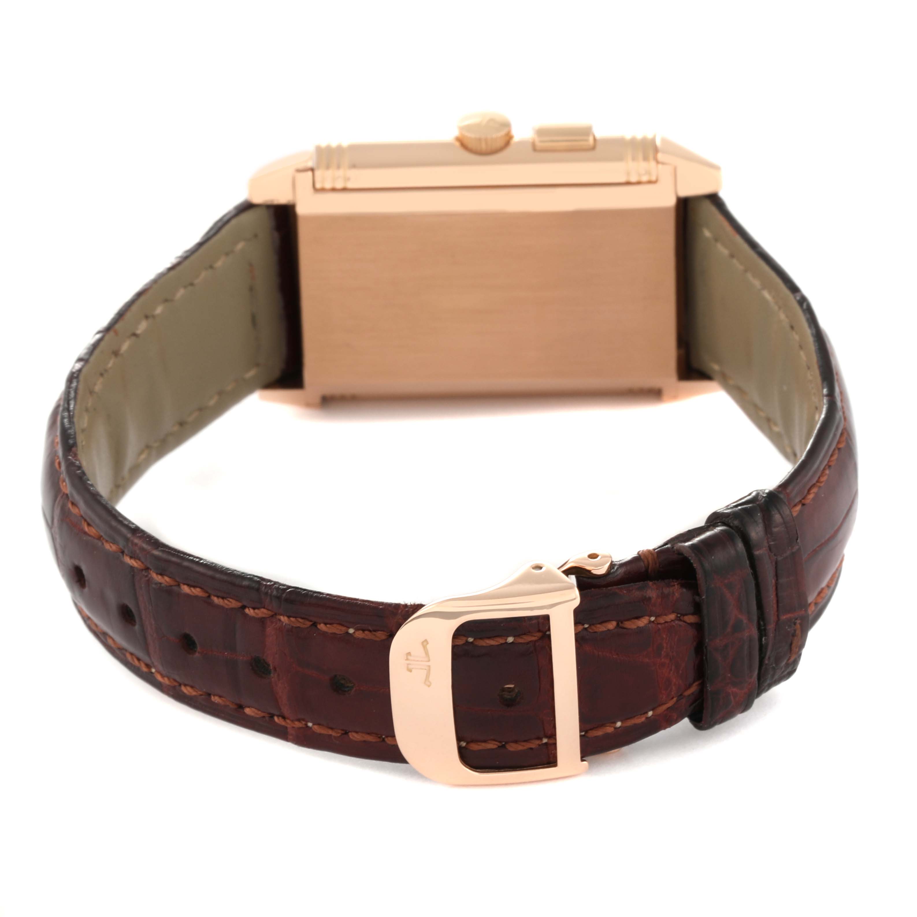 The image shows the back and side of a Jaeger LeCoultre Reverso Q2712410 Men
s Rose Gold Silver Dial Q2712410 Men
s Rose Gold Silver Dial watch, highlighting the strap and buckle.