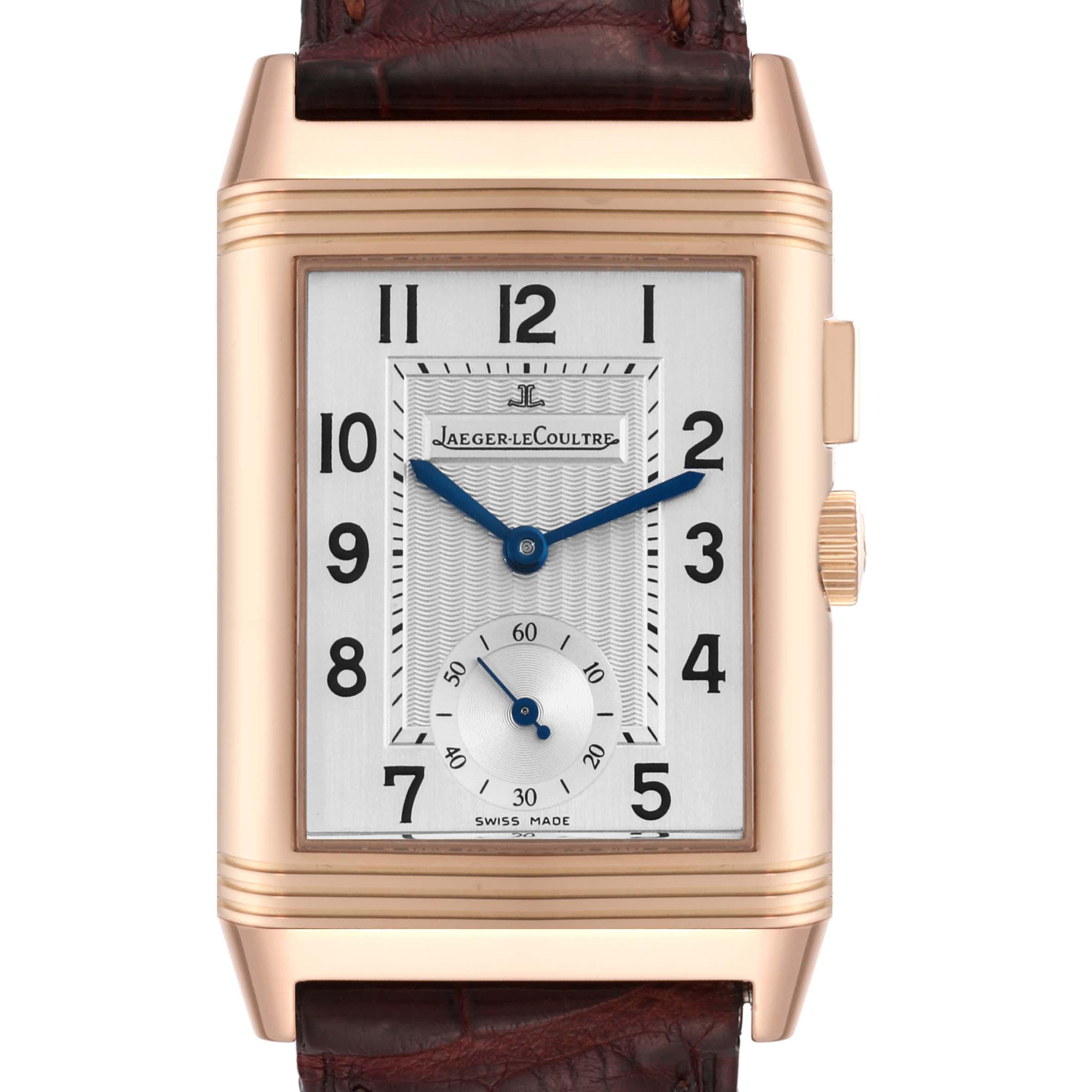 This image shows a front view of the Jaeger-LeCoultre Reverso watch, focusing on its rectangular dial and rose gold case.