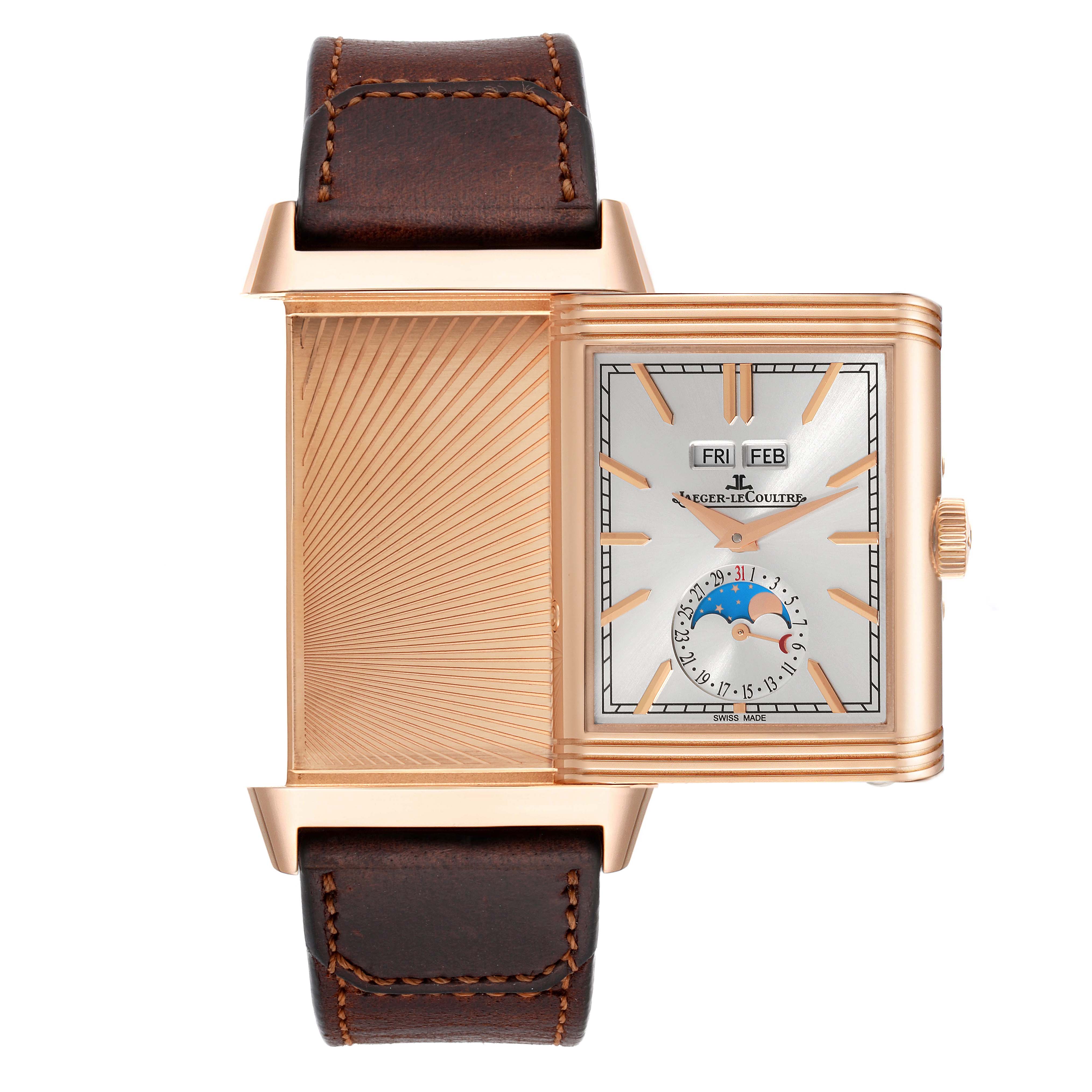 The image shows a Jaeger LeCoultre Reverso Q3912530 Men's Rose Gold Silver Dial Q3912530 Men's Rose Gold Silver Dial watch with its face slid to the side, revealing the decorative reverse side.