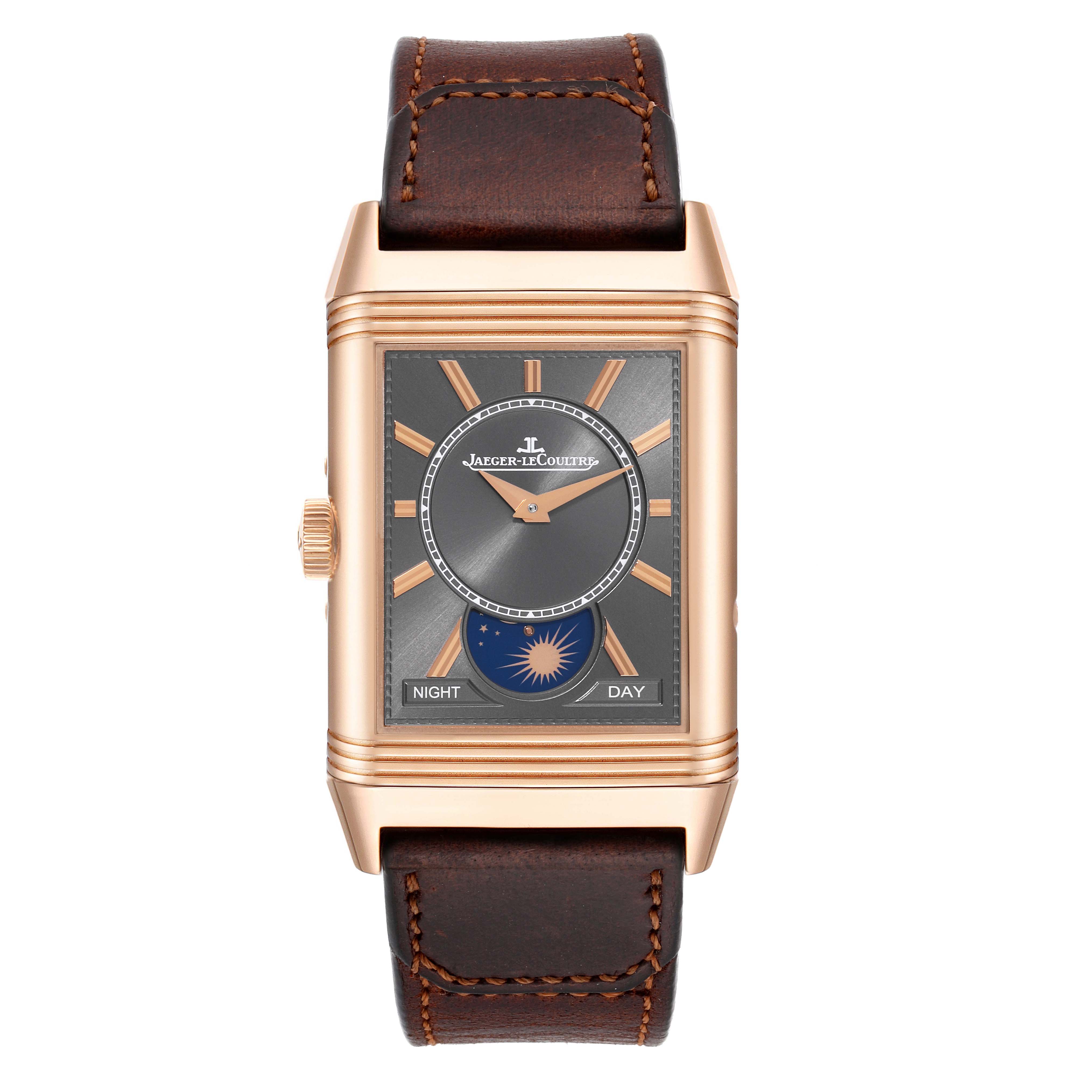 The image shows a front view of the Jaeger-LeCoultre Reverso watch with a leather strap.