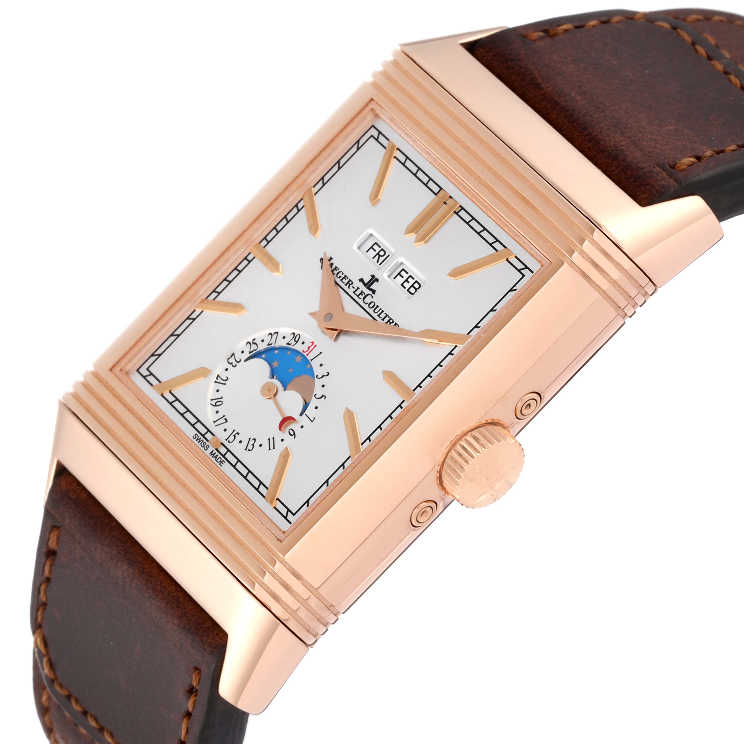 This image shows a close-up side view of the Jaeger LeCoultre Reverso Q3912530 Men's Rose Gold Silver Dial Q3912530 Men's Rose Gold Silver Dial watch, highlighting the dial, case, crown, and leather strap.