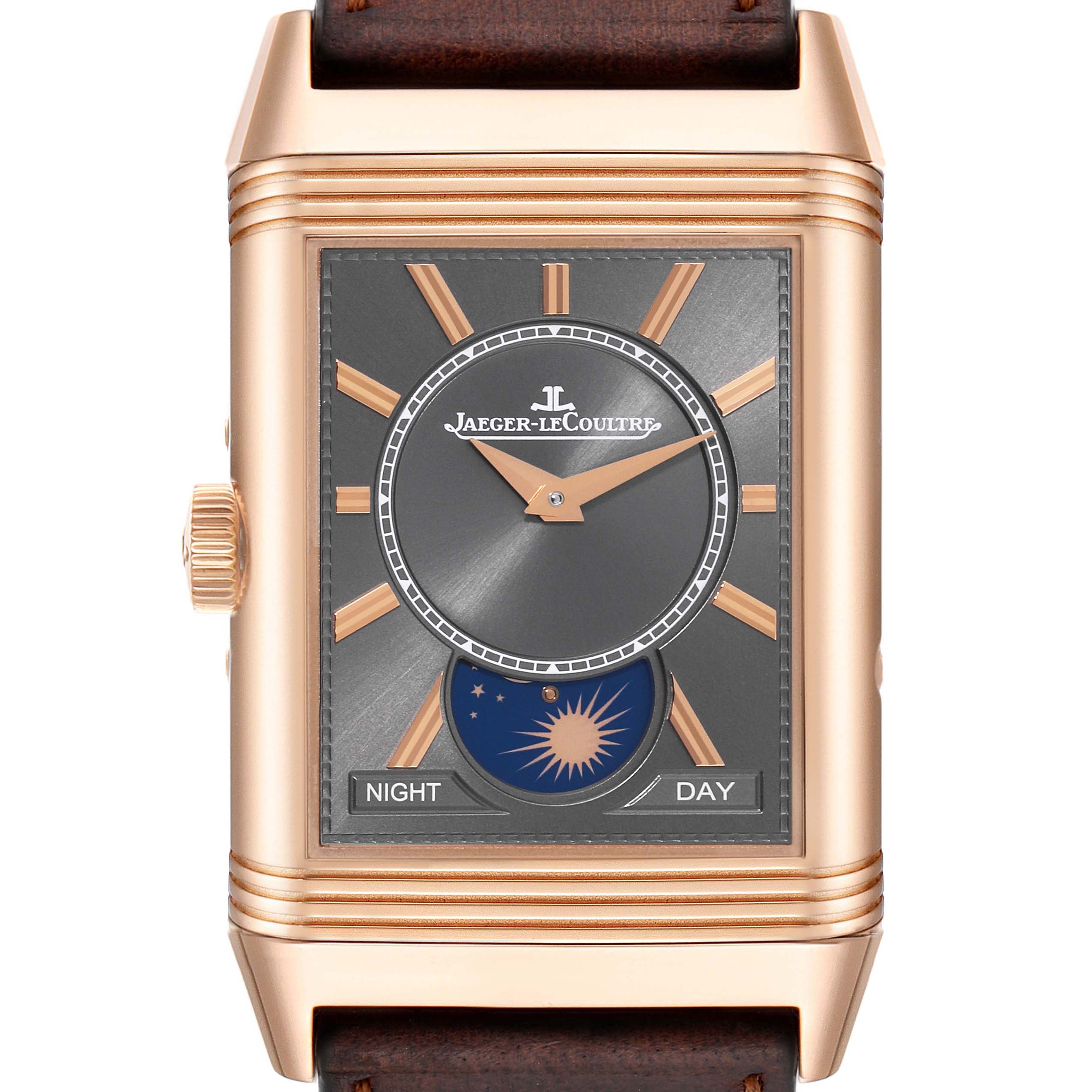The image shows the front view of the Jaeger LeCoultre Reverso Q3912530 Men's Rose Gold Silver Dial Q3912530 Men's Rose Gold Silver Dial watch, featuring a dual timezone, day/night indicator, and rose gold case.