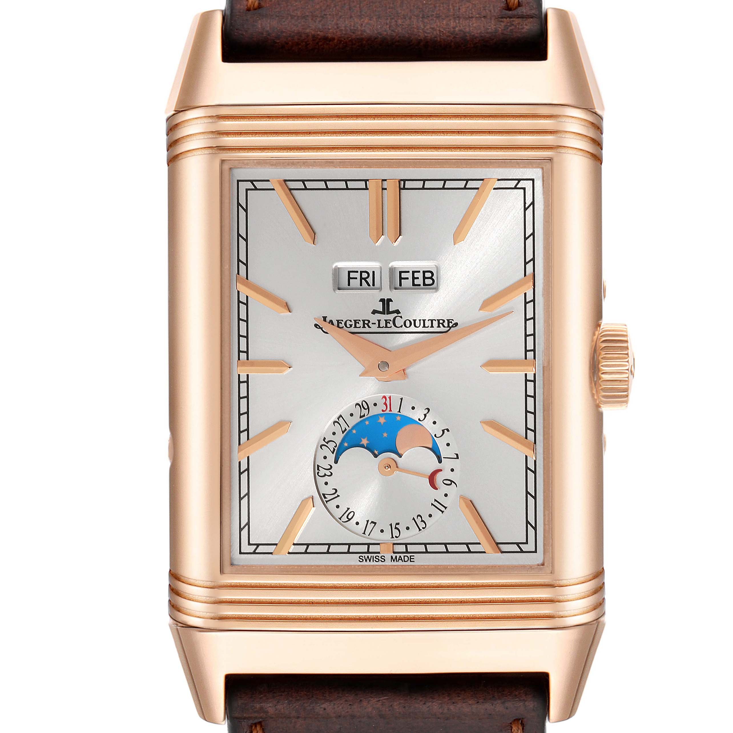 The image shows a frontal view of the Jaeger LeCoultre Reverso Q3912530 Men's Rose Gold Silver Dial Q3912530 Men's Rose Gold Silver Dial model watch, highlighting its dial, moon phase, and day/date functions.
