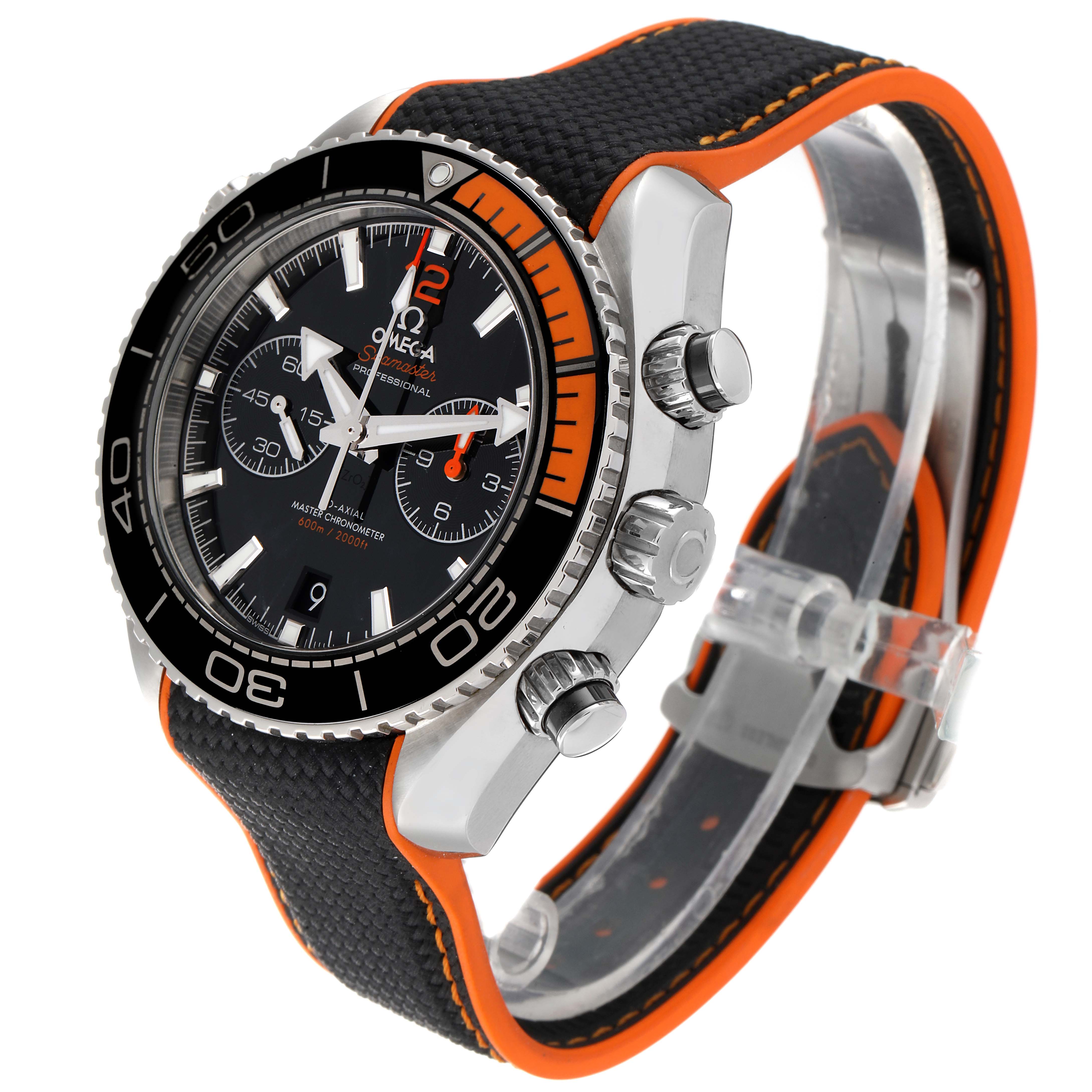 The image shows a side view of the Omega Planet Ocean 215.30.46.51.01.002 Men
s Stainless Steel Black Dial 215.30.46.51.01.002 Men
s Stainless Steel Black Dial watch, highlighting the bezel, crown, pushers, and black-orange strap.