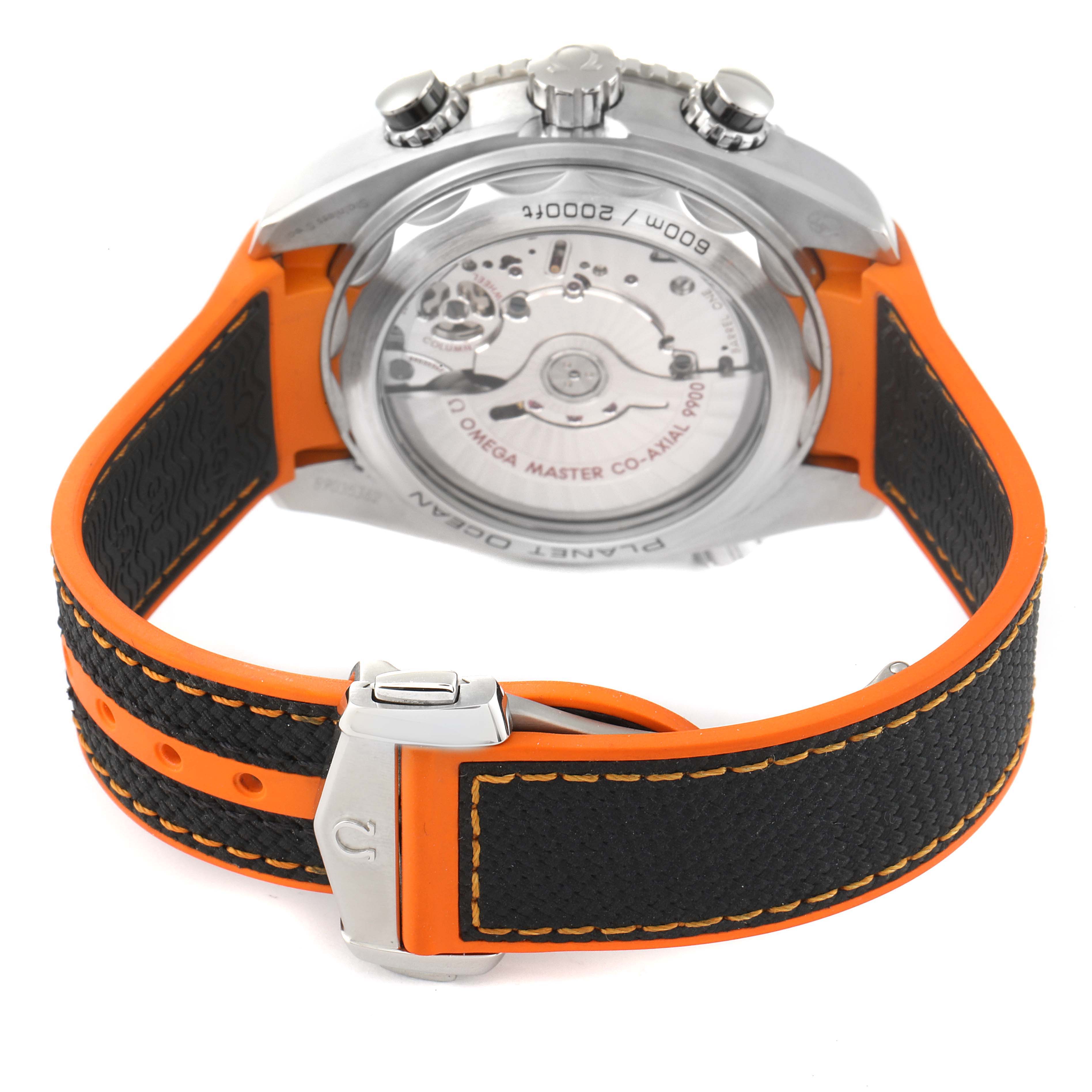 The Omega Planet Ocean 215.30.46.51.01.002 Men
s Stainless Steel Black Dial 215.30.46.51.01.002 Men
s Stainless Steel Black Dial watch is shown from the back, displaying its case back, movement, and black-orange strap.