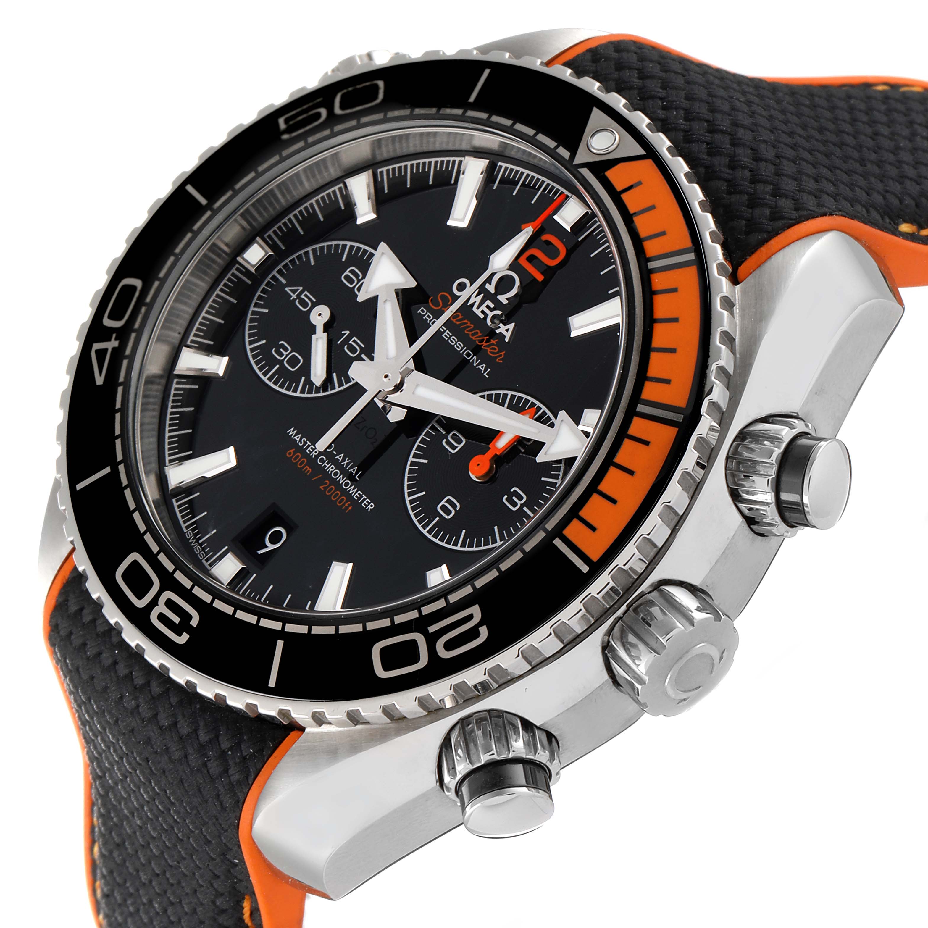 This image shows a close-up angled view of the dial, bezel, and side pushers of an Omega Planet Ocean 215.30.46.51.01.002 Men
s Stainless Steel Black Dial 215.30.46.51.01.002 Men
s Stainless Steel Black Dial watch.