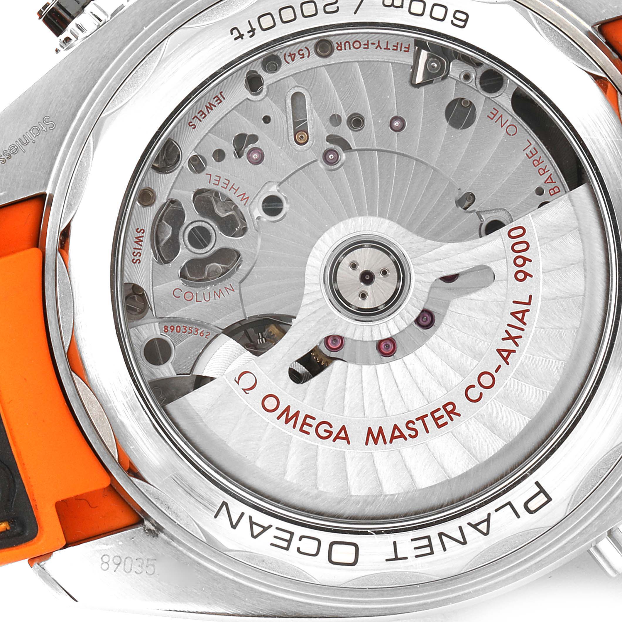 The image shows the back view of the Omega Planet Ocean 215.30.46.51.01.002 Men
s Stainless Steel Black Dial 215.30.46.51.01.002 Men
s Stainless Steel Black Dial watch, highlighting its movement and rotor.