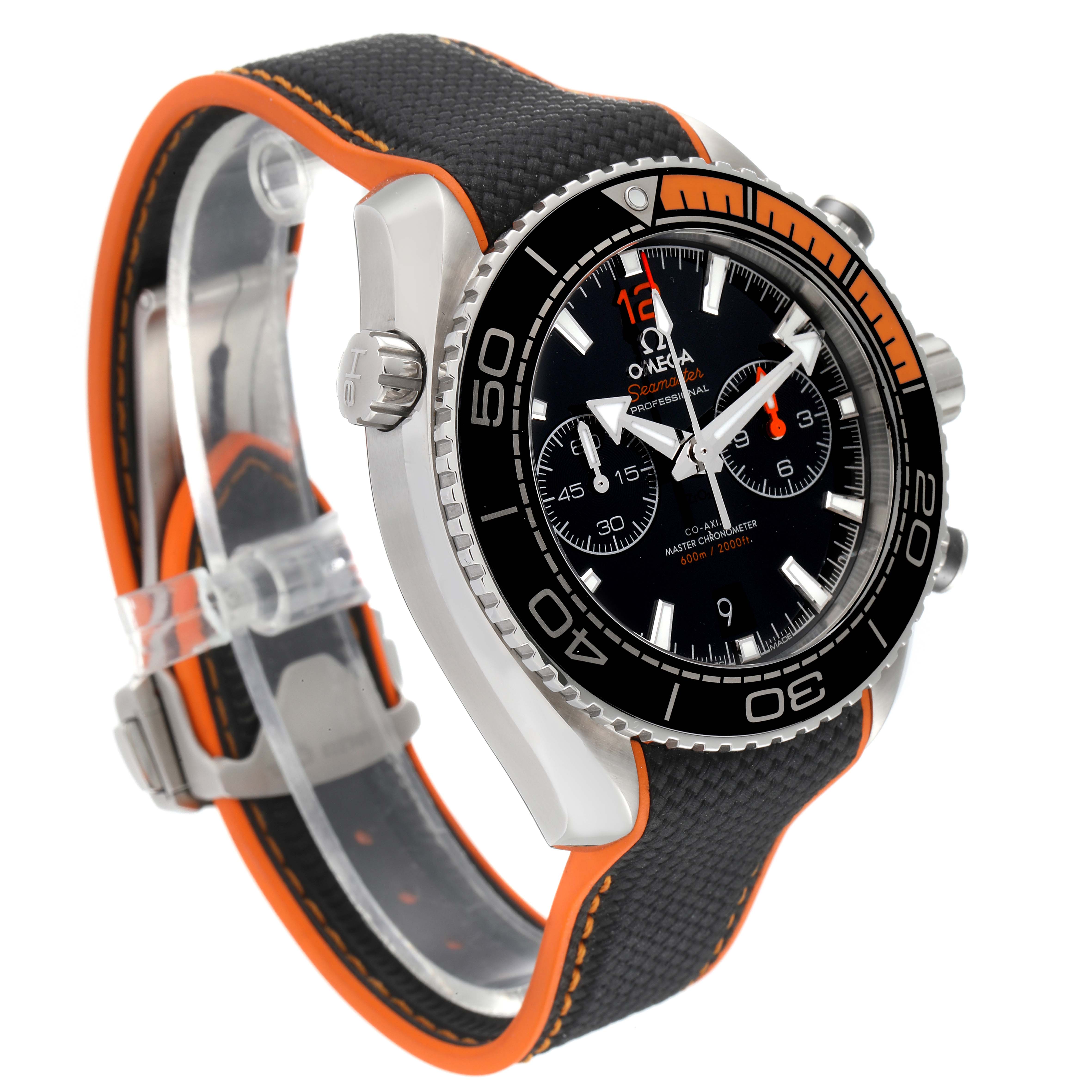 This image shows a side-angle view of the Omega Planet Ocean 215.30.46.51.01.002 Men
s Stainless Steel Black Dial 215.30.46.51.01.002 Men
s Stainless Steel Black Dial watch, highlighting its bezel, dial, crown, and strap.