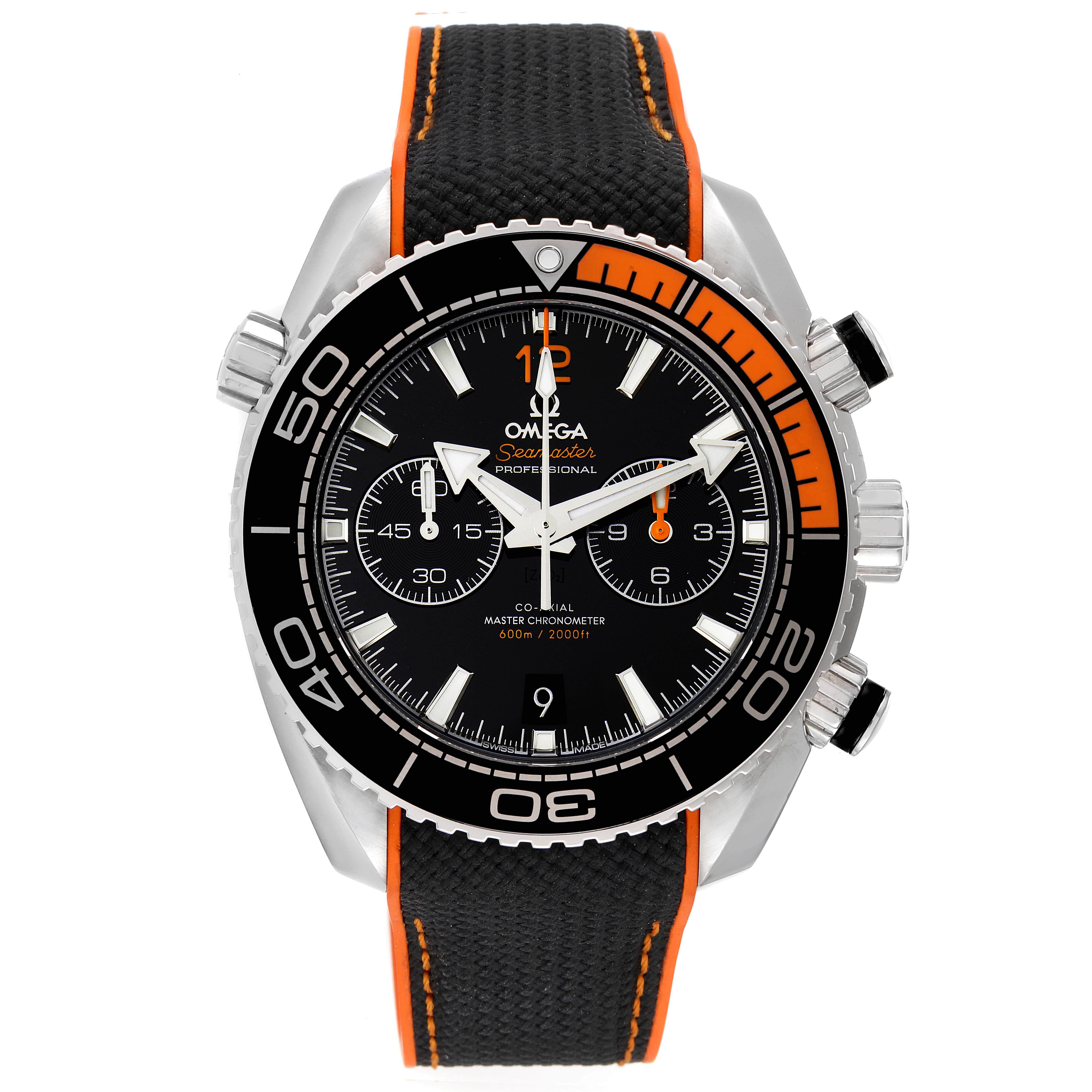 The image shows a front view of the Omega Planet Ocean 215.30.46.51.01.002 Men
s Stainless Steel Black Dial 215.30.46.51.01.002 Men
s Stainless Steel Black Dial watch, highlighting the black dial, chronograph subdials, and the black/orange strap.