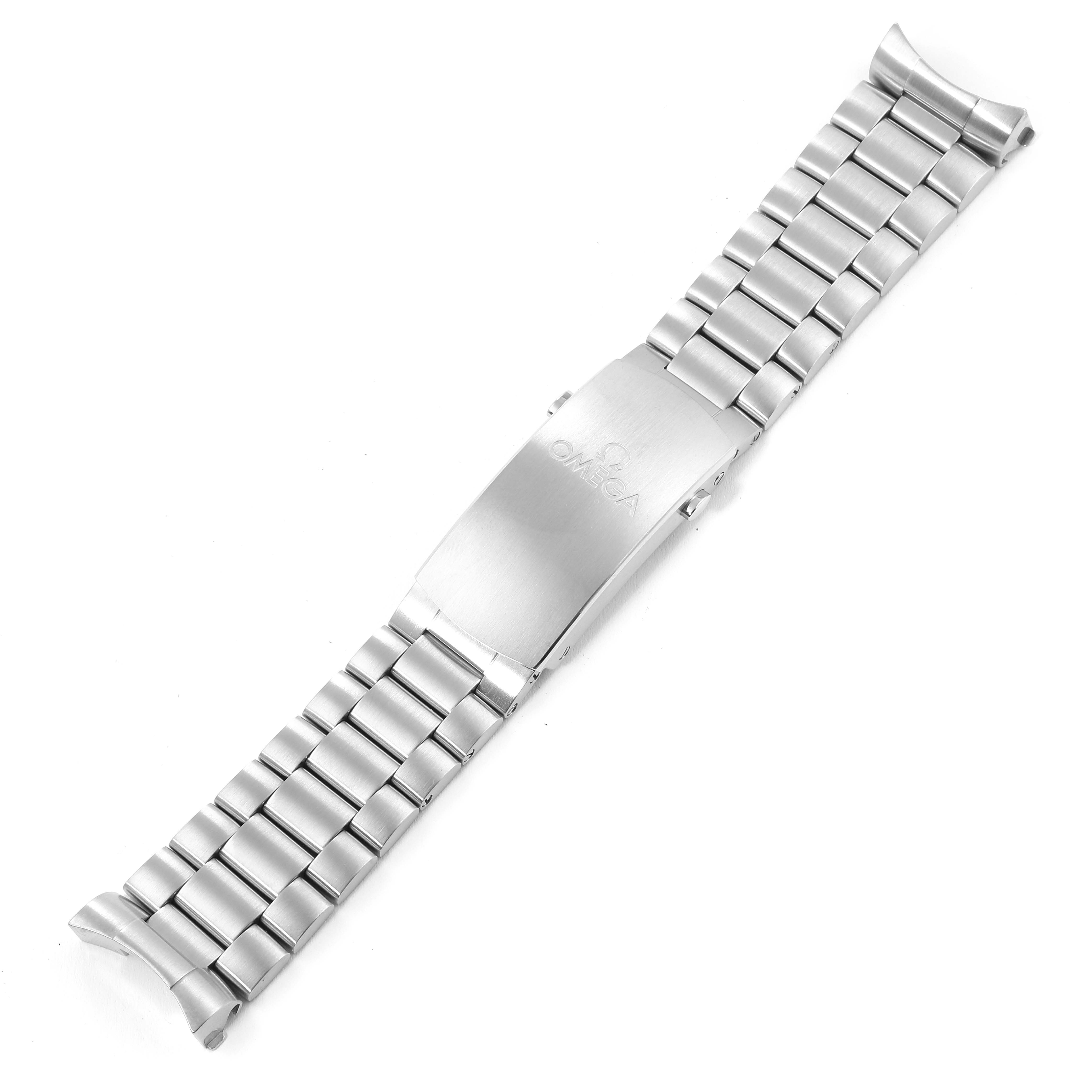 The image shows a stainless steel bracelet with a clasp for the Omega Planet Ocean 215.30.46.51.01.002 Men
s Stainless Steel Black Dial 215.30.46.51.01.002 Men
s Stainless Steel Black Dial model, viewed from a top-down angle.