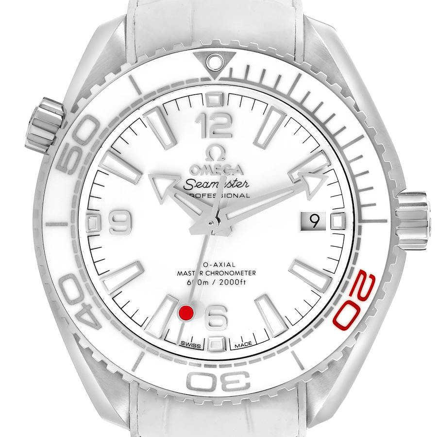 The Omega Planet Ocean watch is shown from a front angle, highlighting the bezel, dial, hands, and crown.