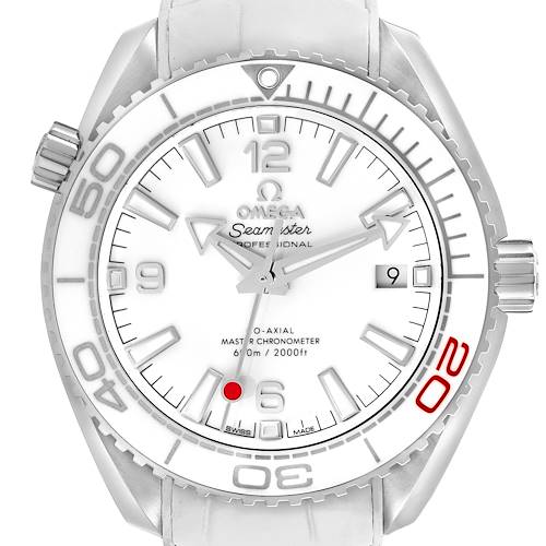 The Omega Planet Ocean watch is shown from a front angle, highlighting the white dial, hands, bezel, and crown.