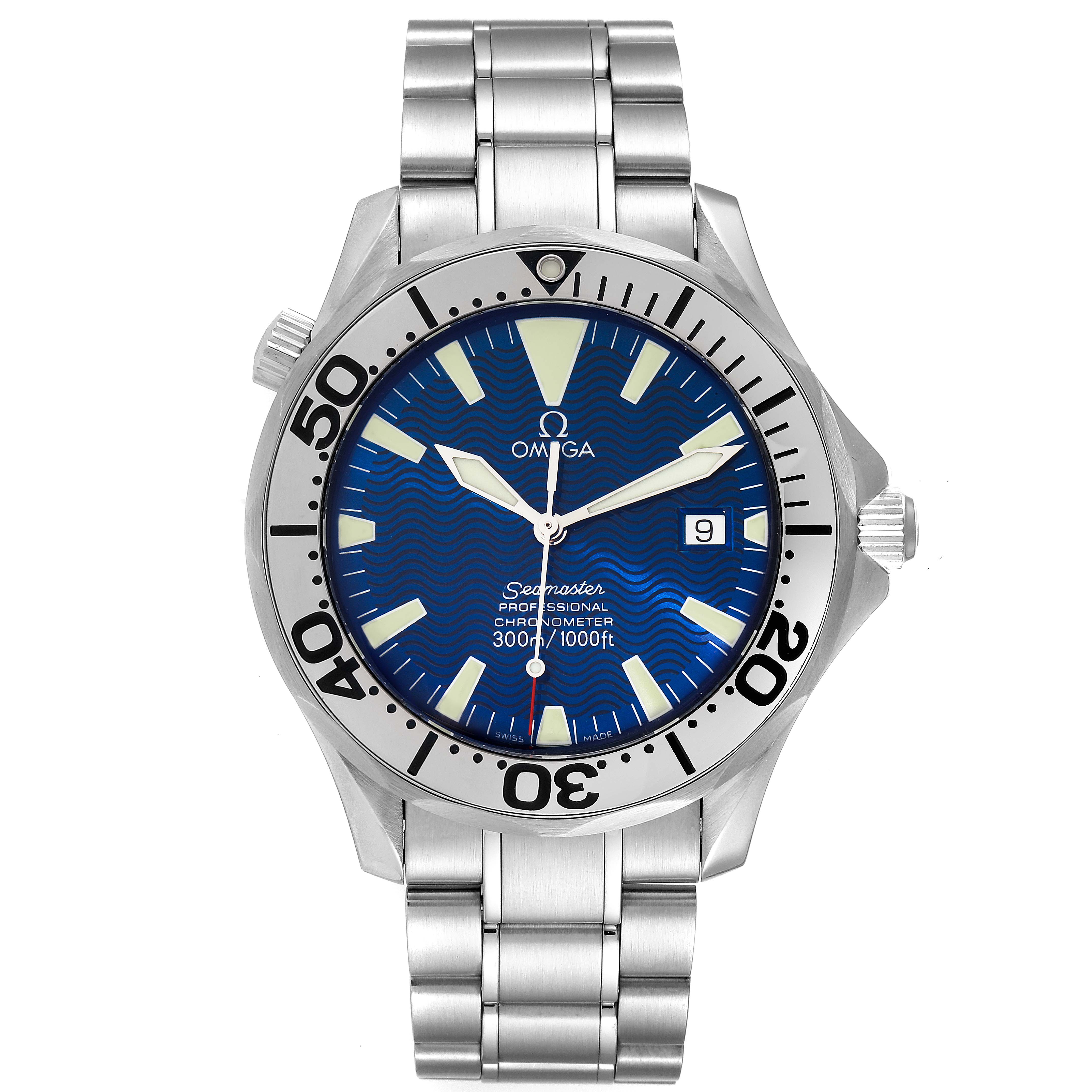 The image shows a front view of the Omega Seamaster 2255.80.00 Men's Stainless Steel Blue Dial 2255.80.00 Men's Stainless Steel Blue Dial watch, highlighting its blue dial, bezel, and stainless steel bracelet.