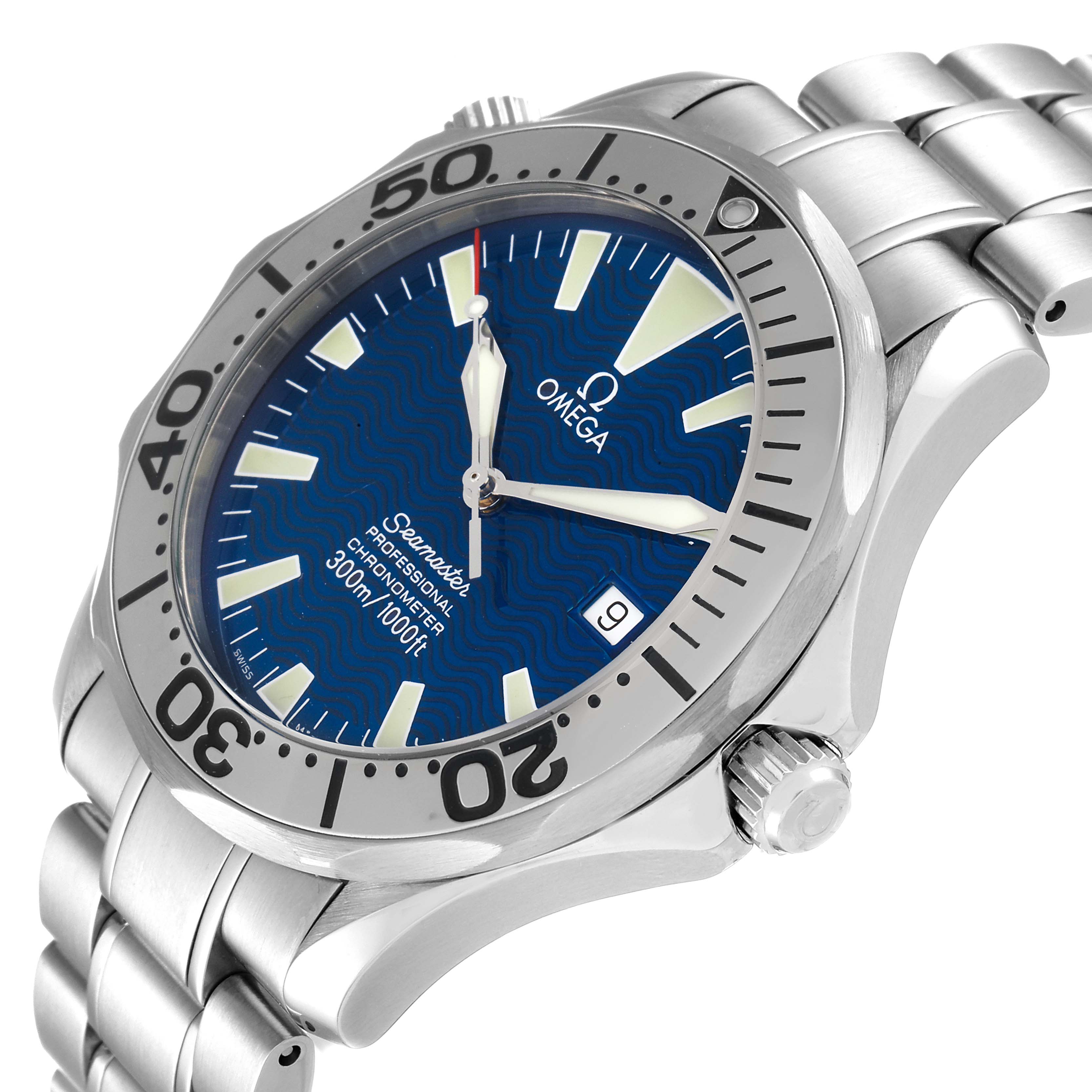 This image shows an Omega Seamaster 2255.80.00 Men's Stainless Steel Blue Dial 2255.80.00 Men's Stainless Steel Blue Dial watch from an angled side view, highlighting the face, bezel, dial, crown, and bracelet.