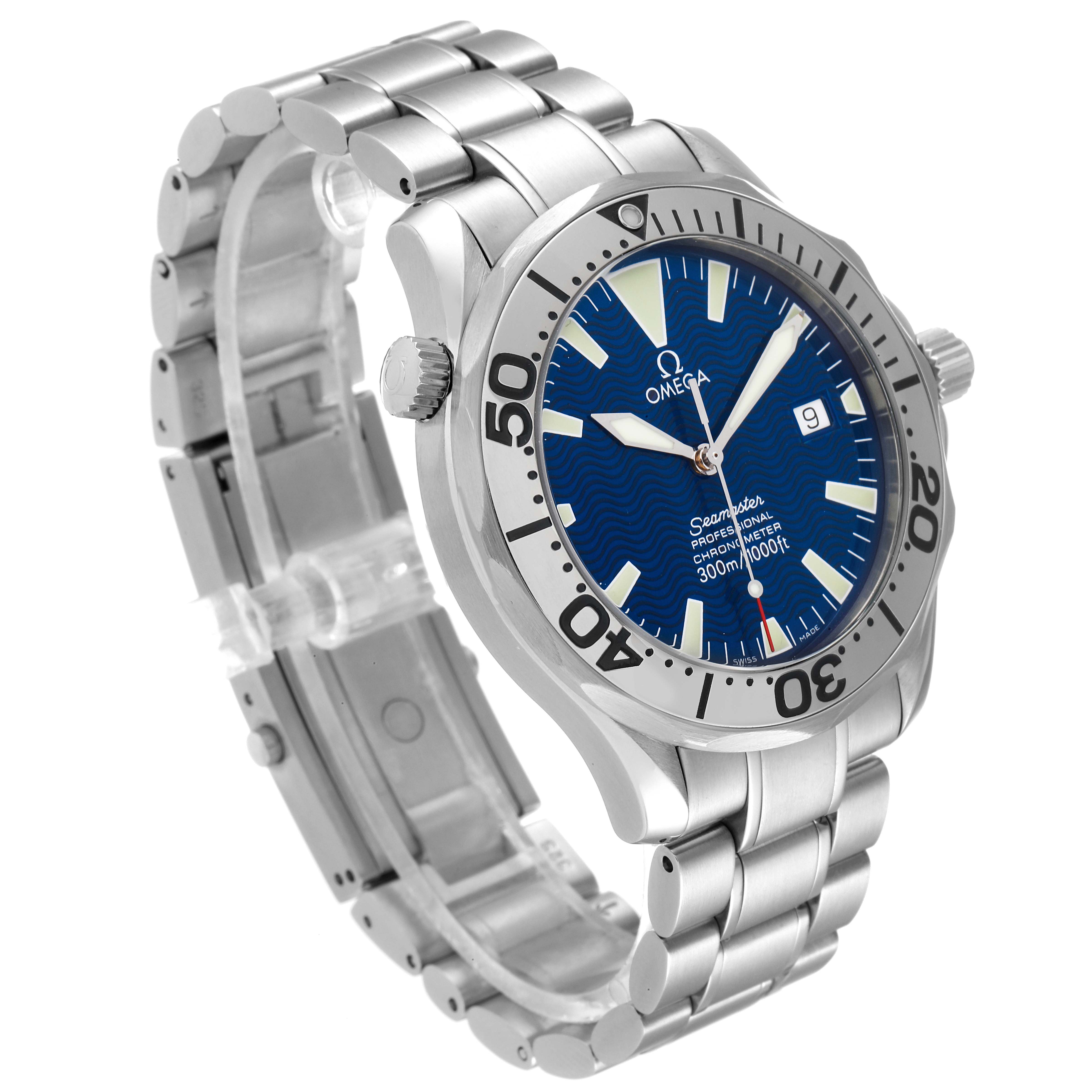 The Omega Seamaster 2255.80.00 Men's Stainless Steel Blue Dial 2255.80.00 Men's Stainless Steel Blue Dial watch is shown from an angled side view, displaying the face, bezel, crown, and stainless steel bracelet.