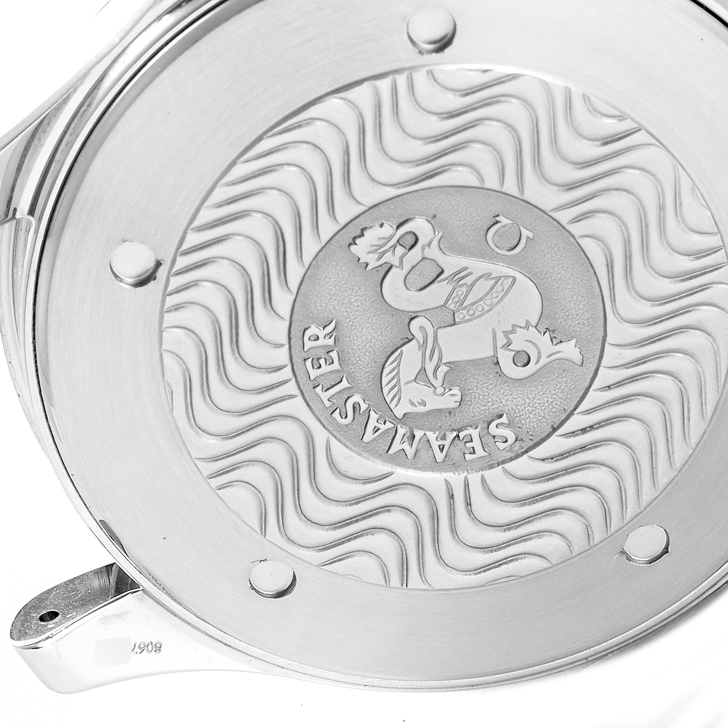 This image shows the back case of the Omega Seamaster 2255.80.00 Men's Stainless Steel Blue Dial 2255.80.00 Men's Stainless Steel Blue Dial watch from a top-down angle.