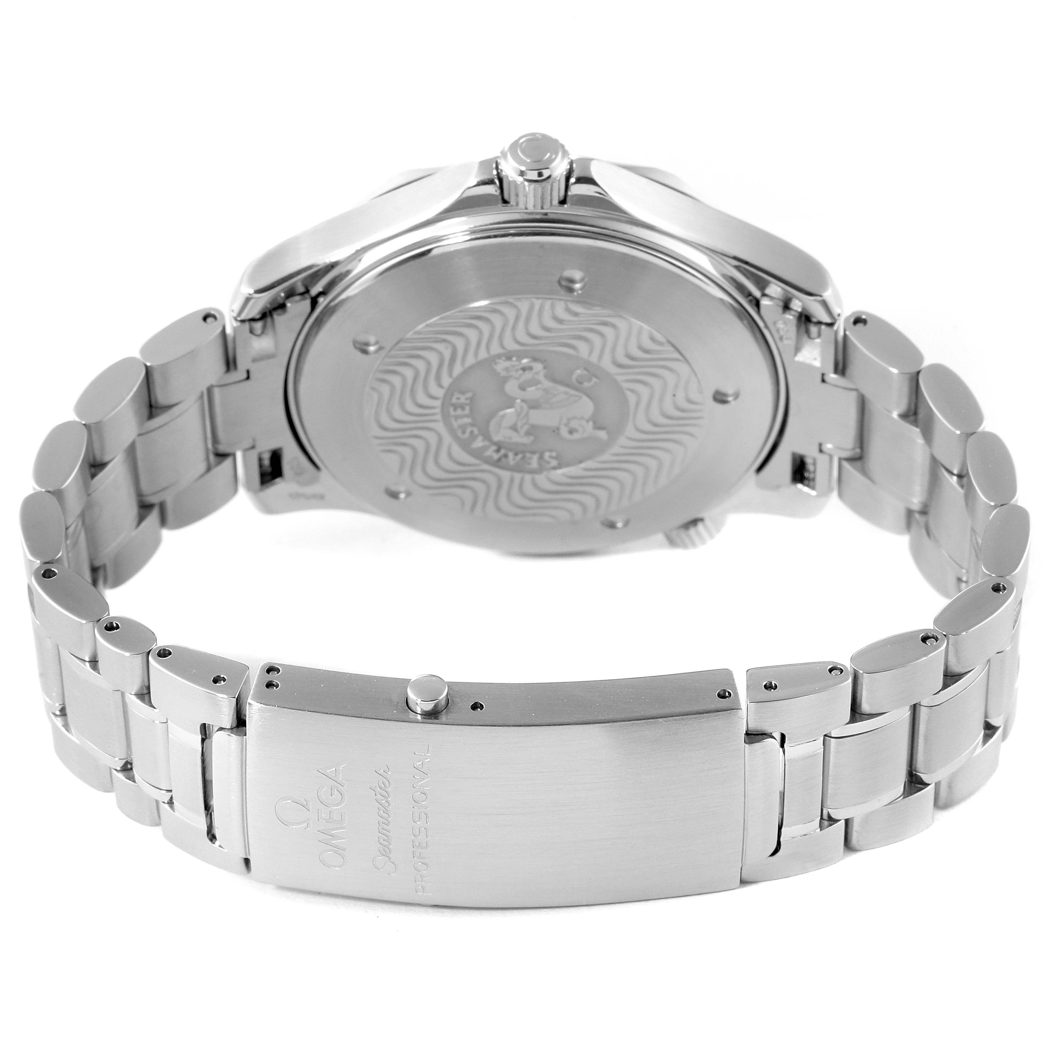 The image shows the back case and clasp of an Omega Seamaster 2255.80.00 Men's Stainless Steel Blue Dial 2255.80.00 Men's Stainless Steel Blue Dial watch, featuring its stainless steel bracelet and engraved case back.