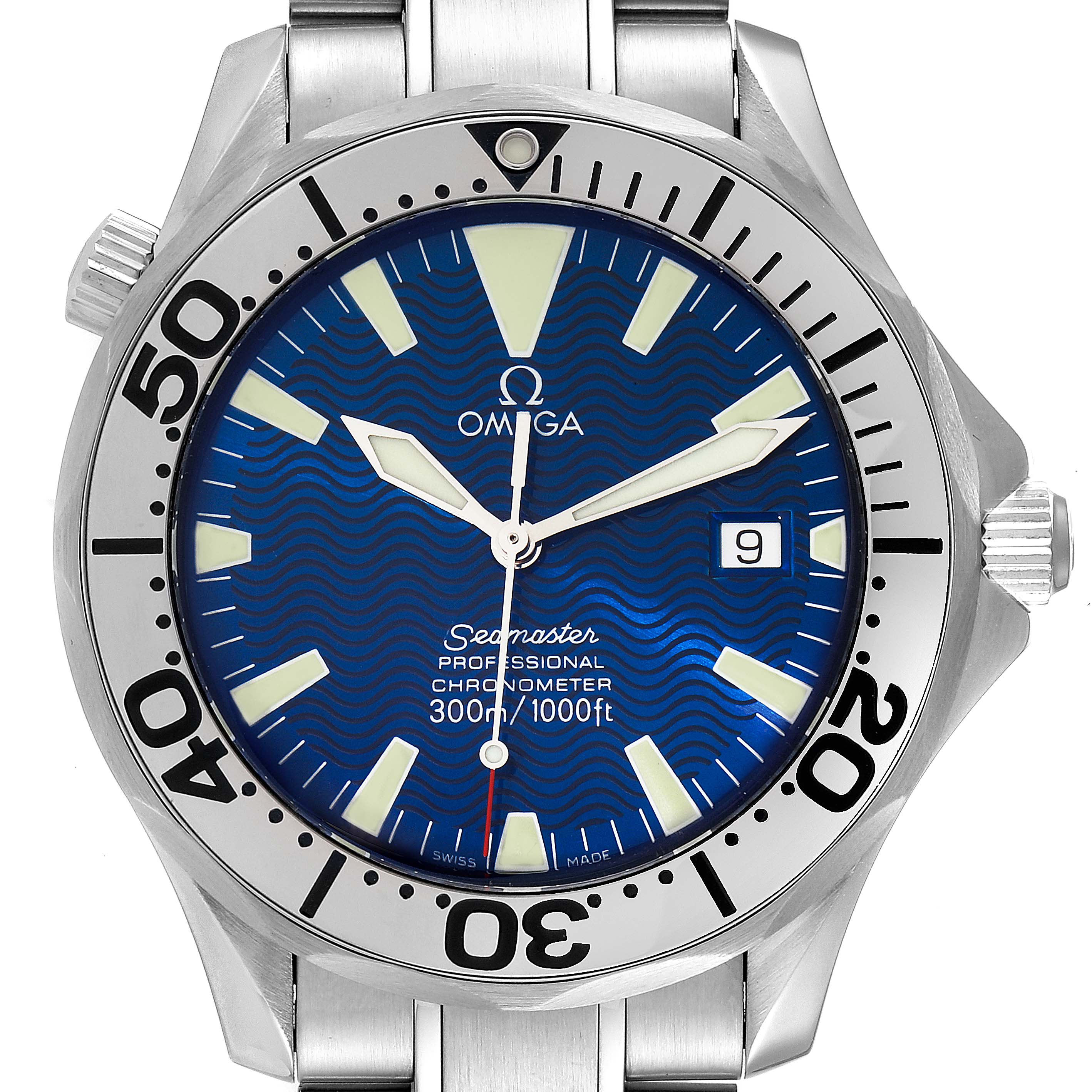 The image shows a front view of the Omega Seamaster 2255.80.00 Men's Stainless Steel Blue Dial 2255.80.00 Men's Stainless Steel Blue Dial watch, featuring its blue dial, bezel, and part of the stainless steel bracelet.