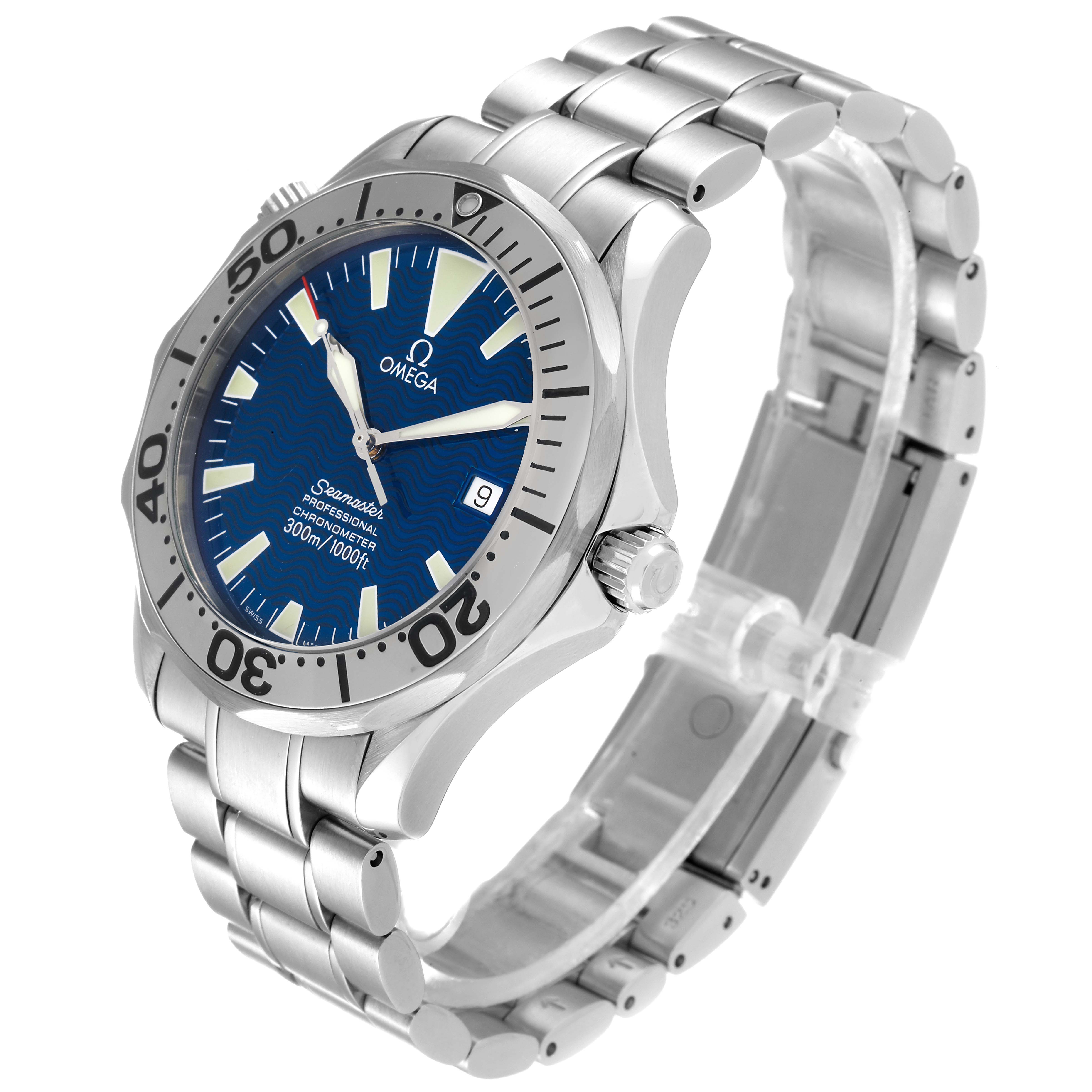 The image shows an angled view of the Omega Seamaster 2255.80.00 Men's Stainless Steel Blue Dial 2255.80.00 Men's Stainless Steel Blue Dial watch, showcasing its face, bezel, crown, and metal bracelet.
