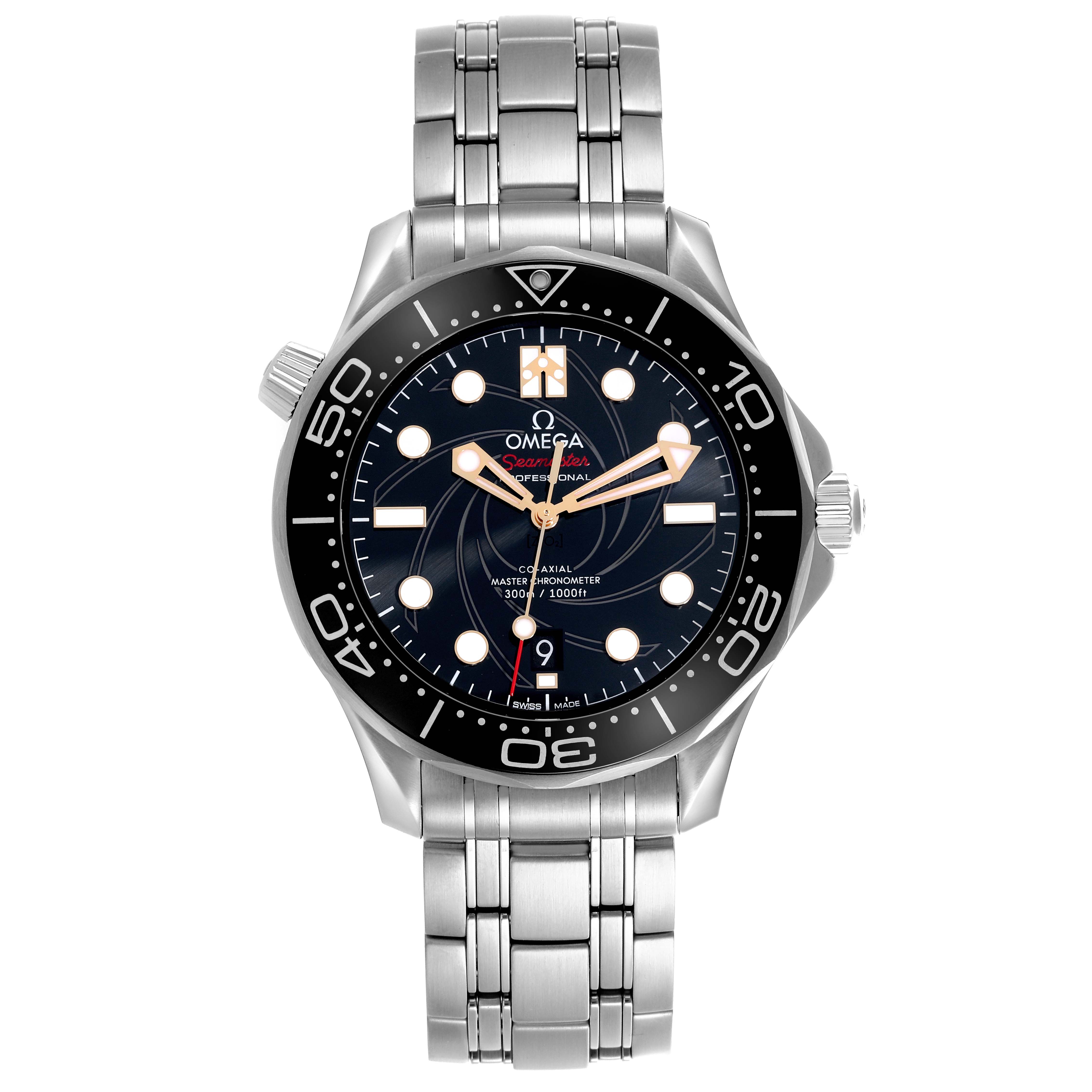The Omega Seamaster 210.22.42.20.01.004 Men's Stainless Steel Black Dial 210.22.42.20.01.004 Men's Stainless Steel Black Dial watch is shown from a front angle, highlighting its dial, bezel, and bracelet.