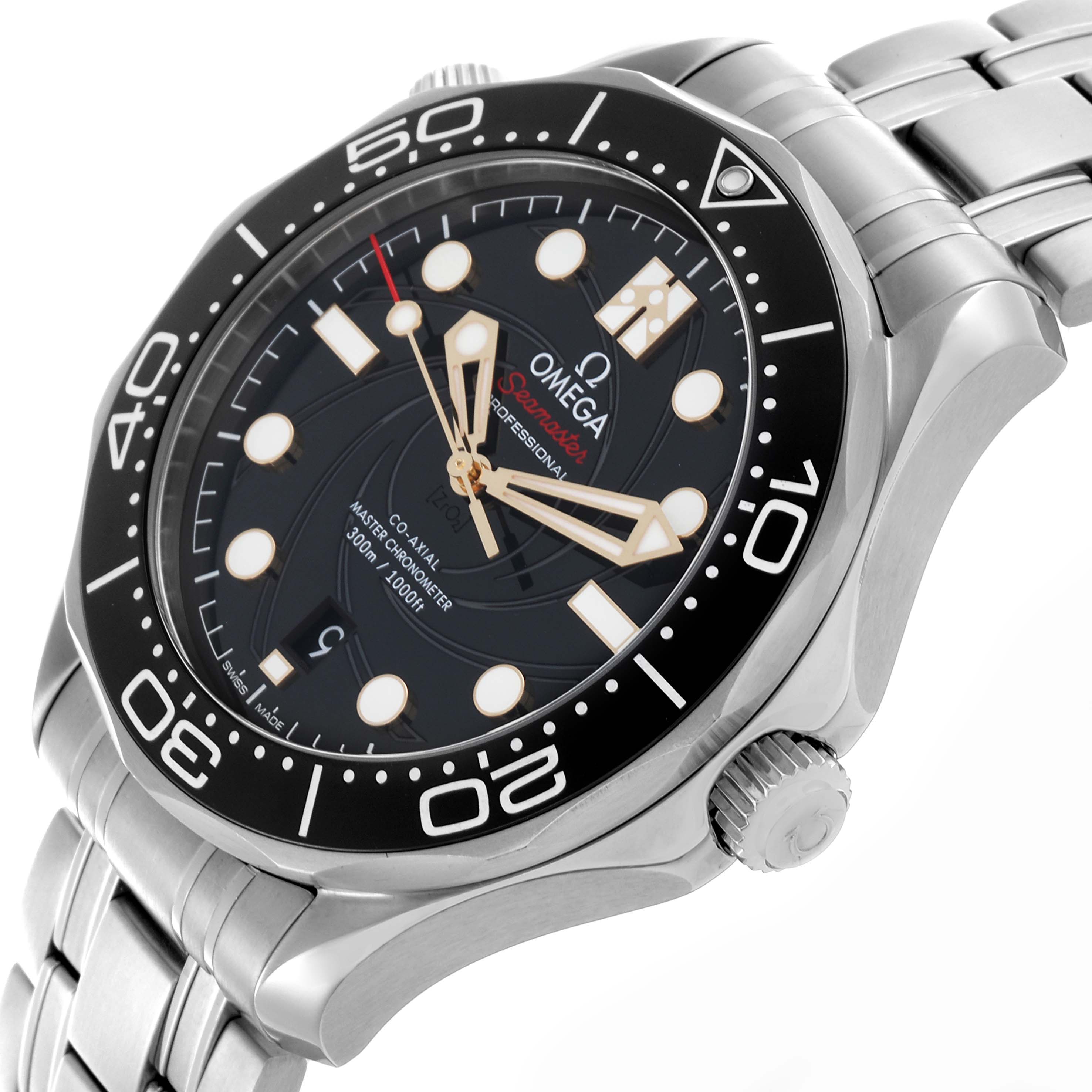 The Omega Seamaster 210.22.42.20.01.004 Men's Stainless Steel Black Dial 210.22.42.20.01.004 Men's Stainless Steel Black Dial watch is shown at a side angle, highlighting the bezel, crown, and stainless steel bracelet.