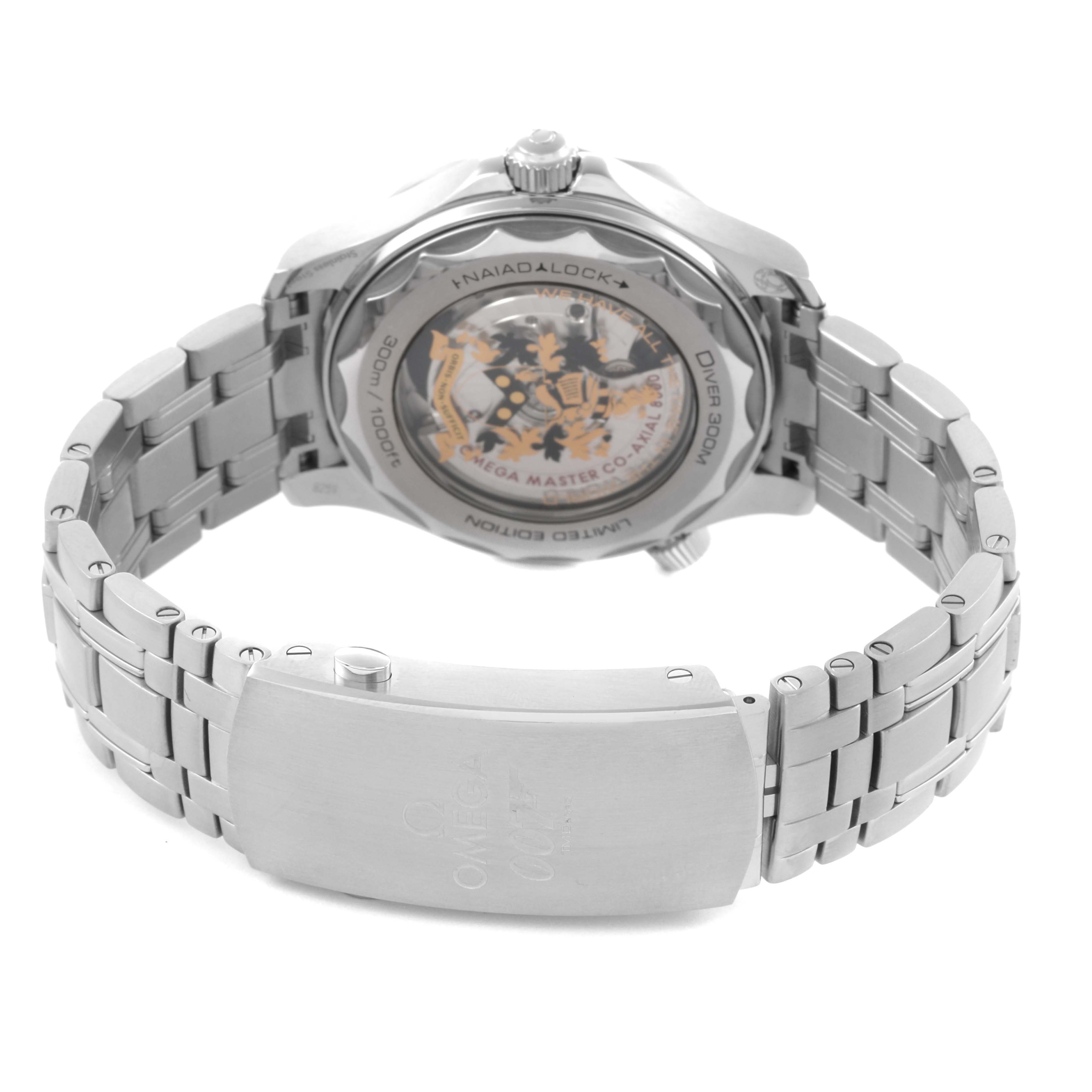 The image shows the Omega Seamaster 210.22.42.20.01.004 Men's Stainless Steel Black Dial 210.22.42.20.01.004 Men's Stainless Steel Black Dial watch from a rear angle, highlighting the transparent case back and metal bracelet clasp.