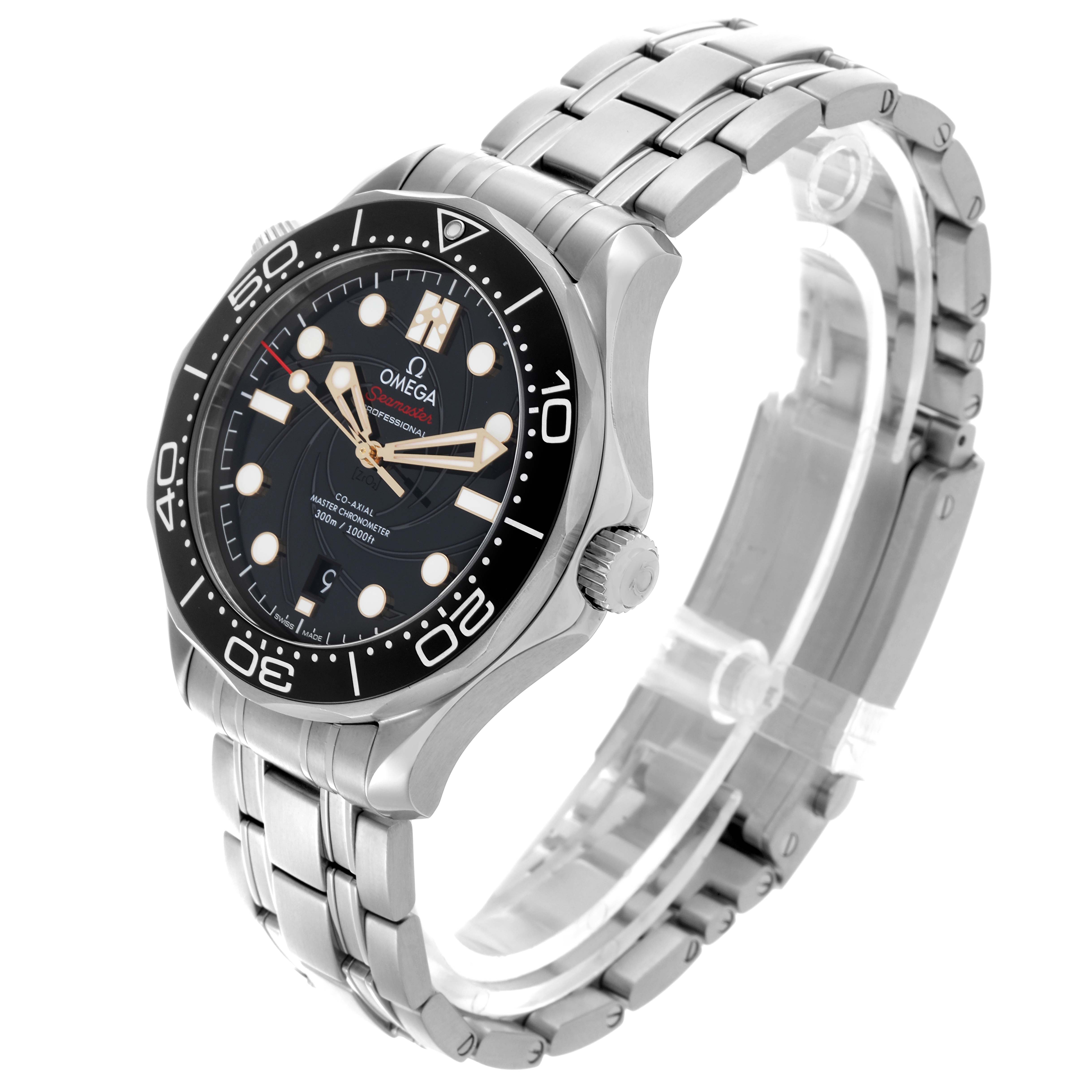 The Omega Seamaster 210.22.42.20.01.004 Men's Stainless Steel Black Dial 210.22.42.20.01.004 Men's Stainless Steel Black Dial watch is shown at a three-quarter angle, displaying the face, bezel, crown, and bracelet.