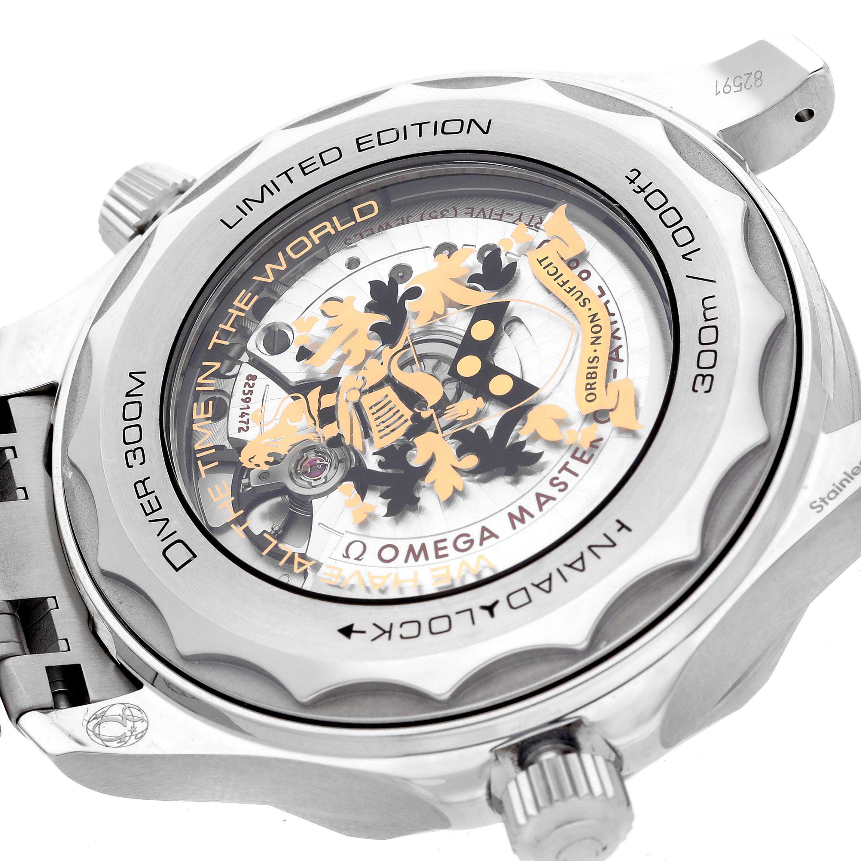 The image shows the back of the Omega Seamaster 210.22.42.20.01.004 Men's Stainless Steel Black Dial 210.22.42.20.01.004 Men's Stainless Steel Black Dial, highlighting its limited edition design and intricate movement.