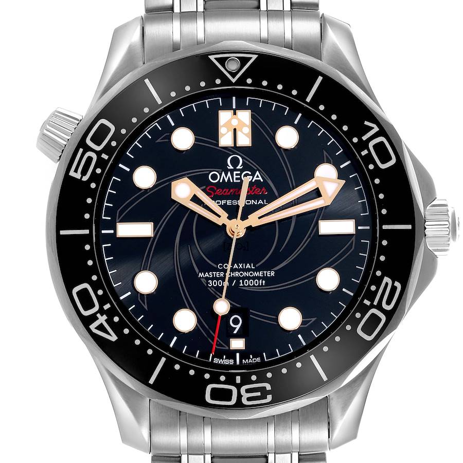 The Omega Seamaster watch is shown from a direct front view, highlighting the dial, bezel, and bracelet.